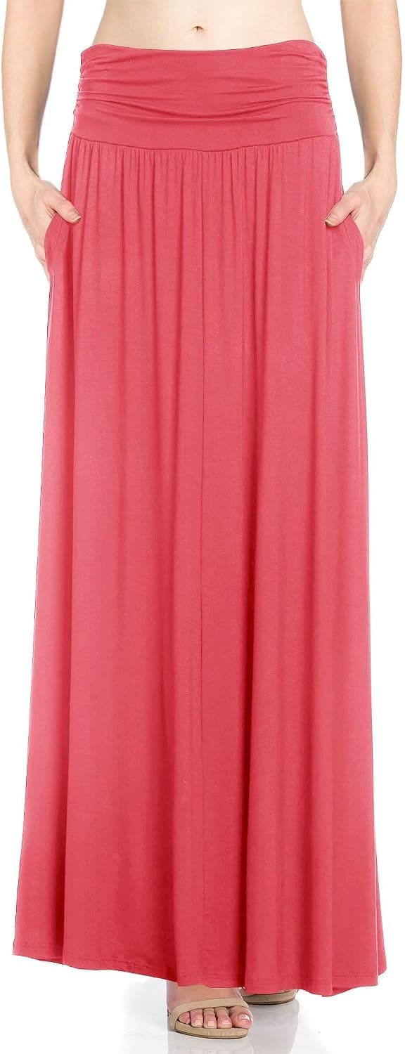 Fashion California Womens 1-2 Pack High Waist Shirring Maxi Skirt with Side Pockets (S-XXXXXL)