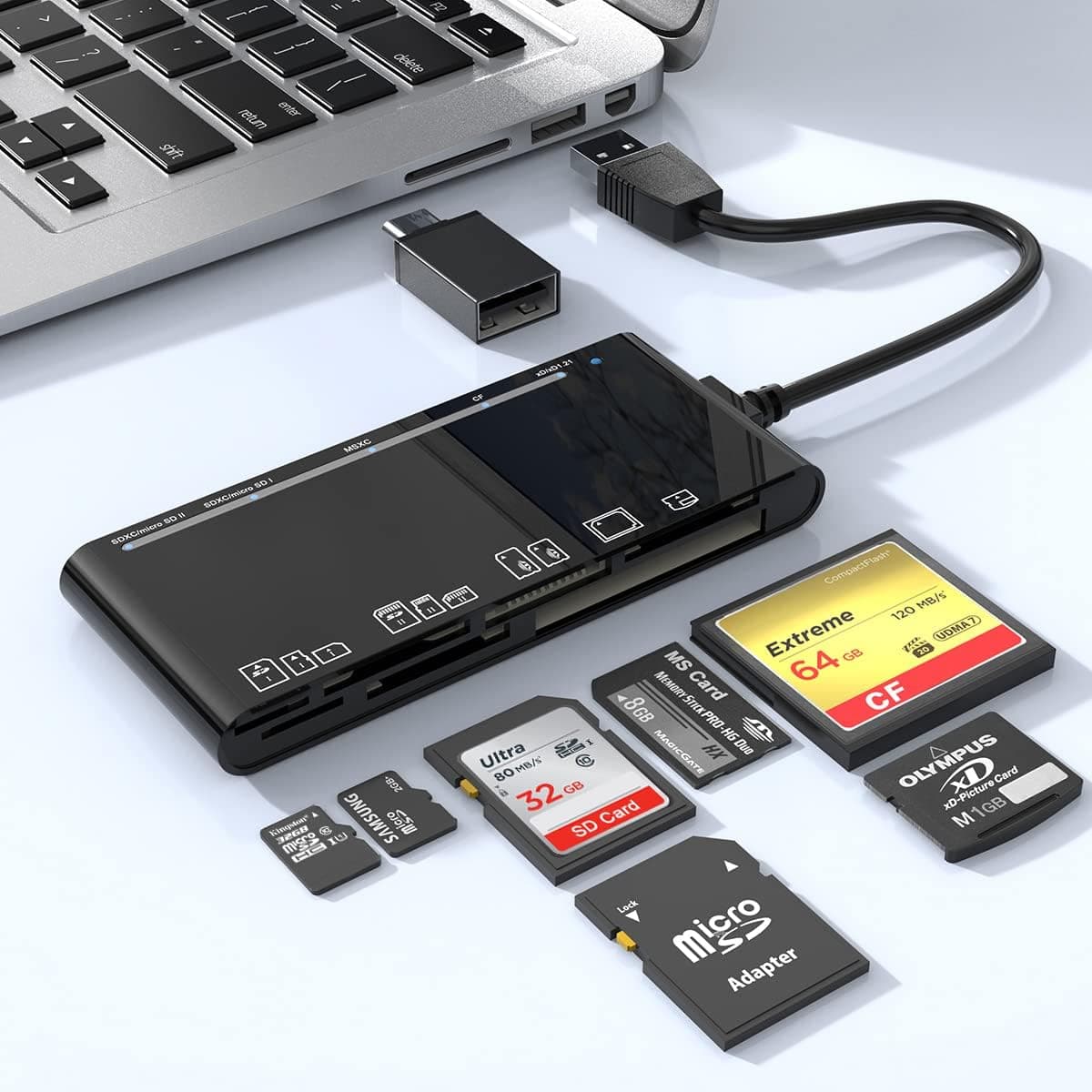 Card Reader USB 3.0 with USB-C Adapter, 7 in 1 Memory Card Reader, USB 3.0 (5Gbps) High Speed CF/SD/TF/XD/MS/Micro SD Card Solt All in one Card Reader for Windows XP/Vista/Mac OS/Linux,etc.