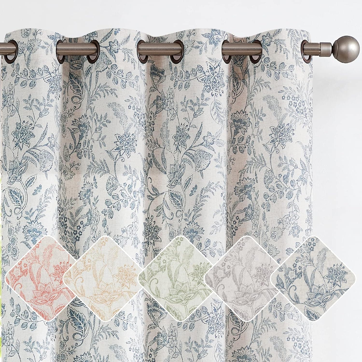jinchan Floral Curtains Linen Curtains for Living Room Blue Farmhouse Curtains 84 Inches Long Light Filtering Country Curtains Kitchen Window Grommet Top Semi Sheer Curtains 2 Panels Blue on Beige