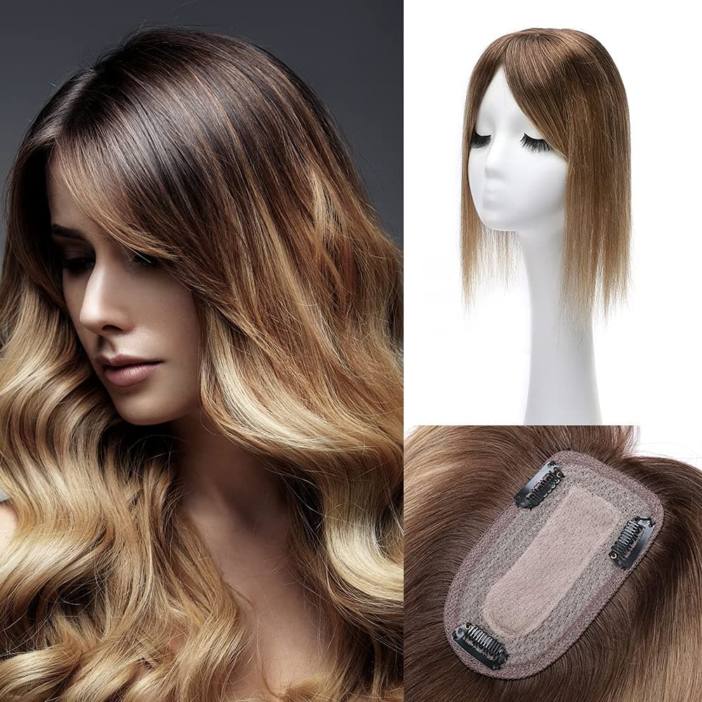 MY-LADY Human Hair Toppers for Women Real Remy Hair 150% Density 7 * 13CM Silk Base with Bangs Clip in Hair Pieces Straight Hairpiece for Thinning Hair 12 Inch #4T27 Medium Brown Ombre Dark Blonde