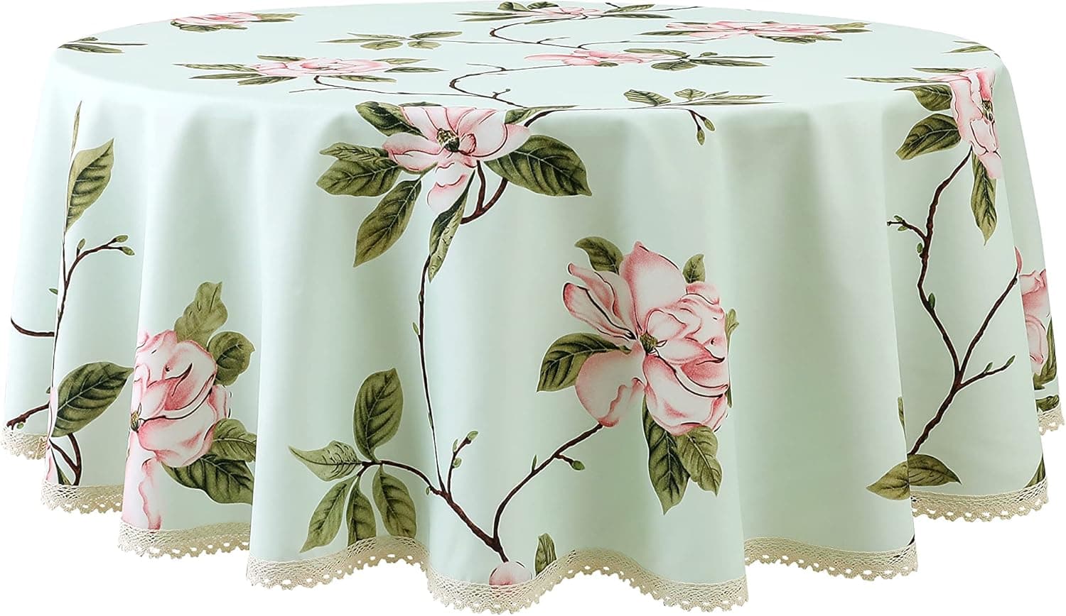 Wewoch Decorative Camellia Floral Print Polyester Round Tablecloth Waterproof Fabric Lace Table Cloth, Table Cover for Dining Room and Party (60x60­-Inch, Pale Mint Green)