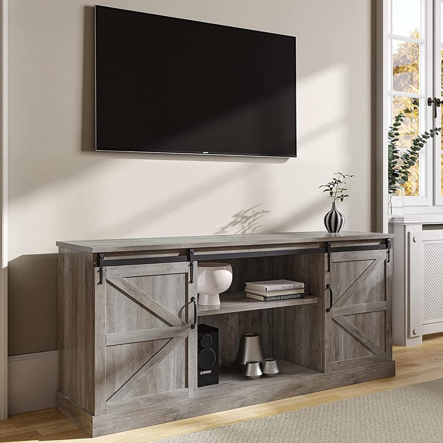 BELLEZE 58” TV Stand for TVs up to 65 Inch, Modern Entertainment Center Home Media Console Table with Sliding Barn Door and Open Shelves, Wood Storage Cabinets for Living Room, Gray Wash