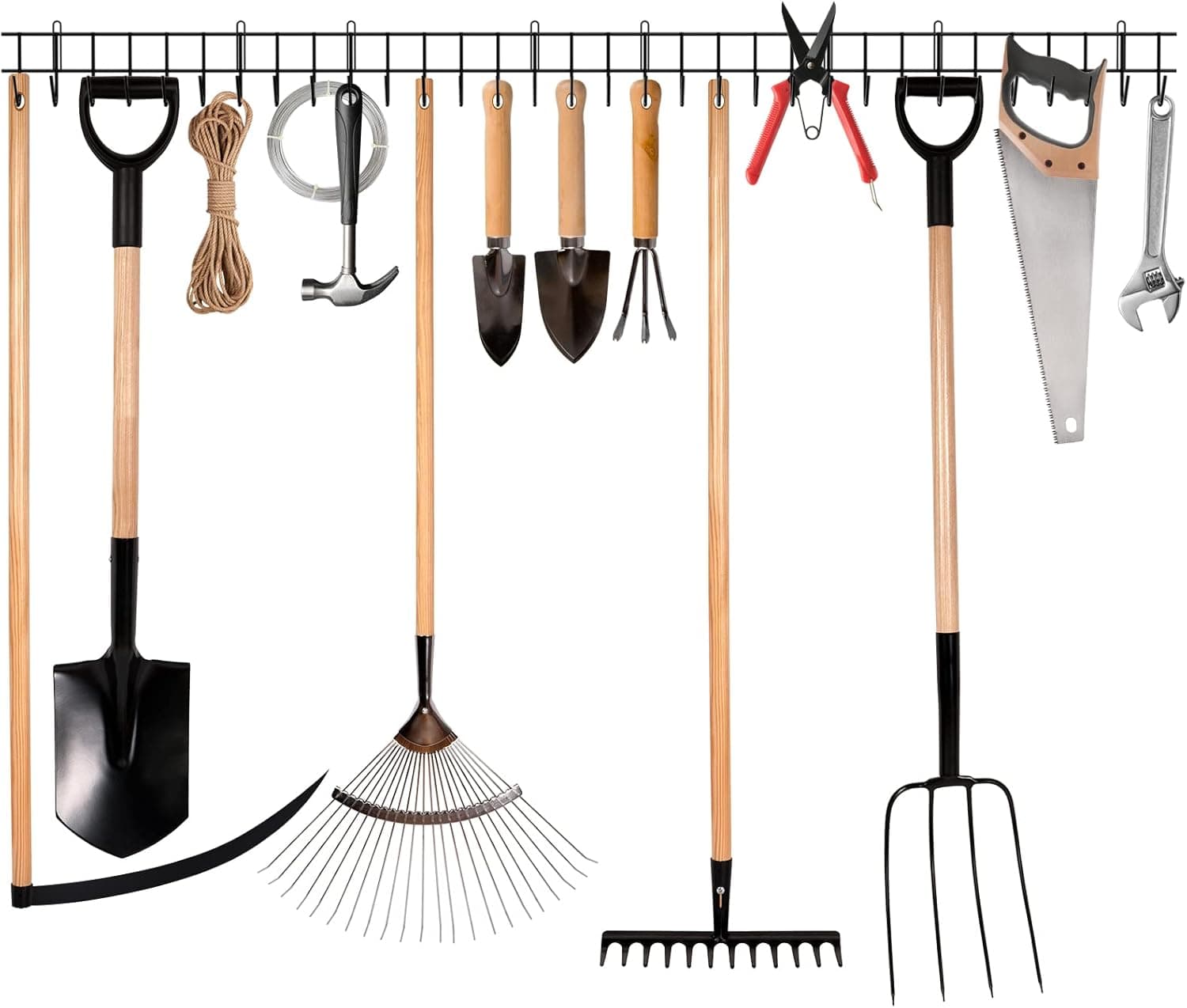 Garage Tool Organizer Wall Mount Garden Tool Hangers Yard Tool Organizer Heavy-Duty Hook Wall Storage Rack Holds Garden Tools, Shovels, Rakes, Brooms, Cords, Hoses, Ropes (64 inches)