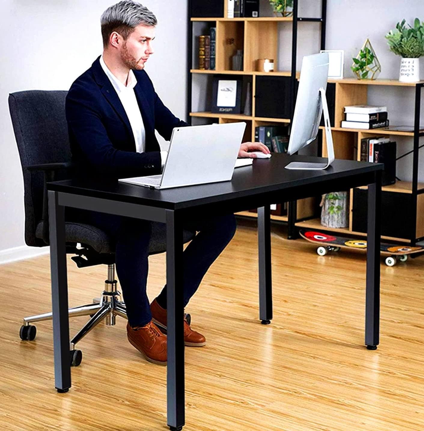 TEEGUI Home Desktop Computer Desk Bedroom Laptop Study Table Office Desk with Wooden Storage Shelf, Workstation Modern Simple PC Desk