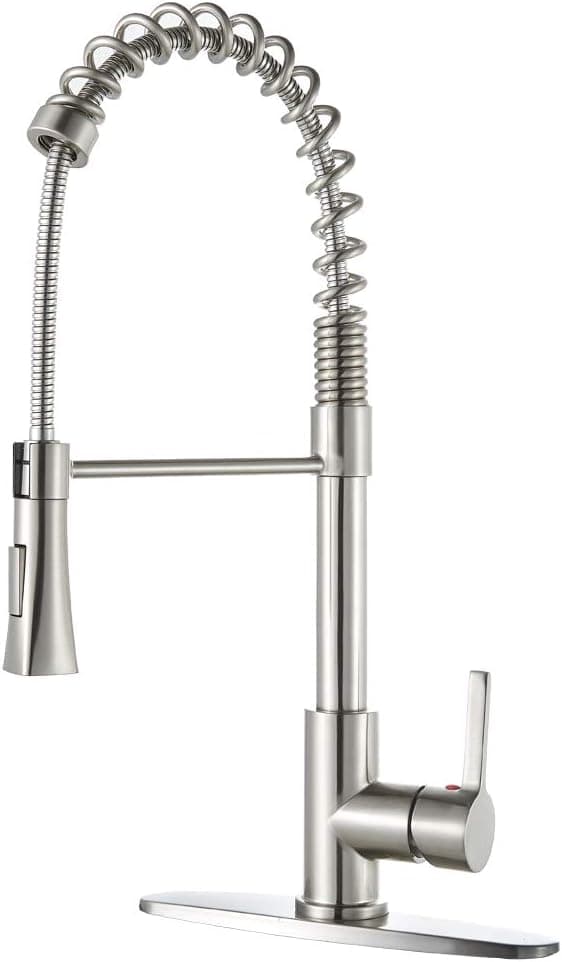 VAPSINT Modern Commercial Lead Free Spring Pull Down Sprayer Brushed Nickel Single Handle Kitchen Faucet, Kitchen Sink Faucets with Deck Plate