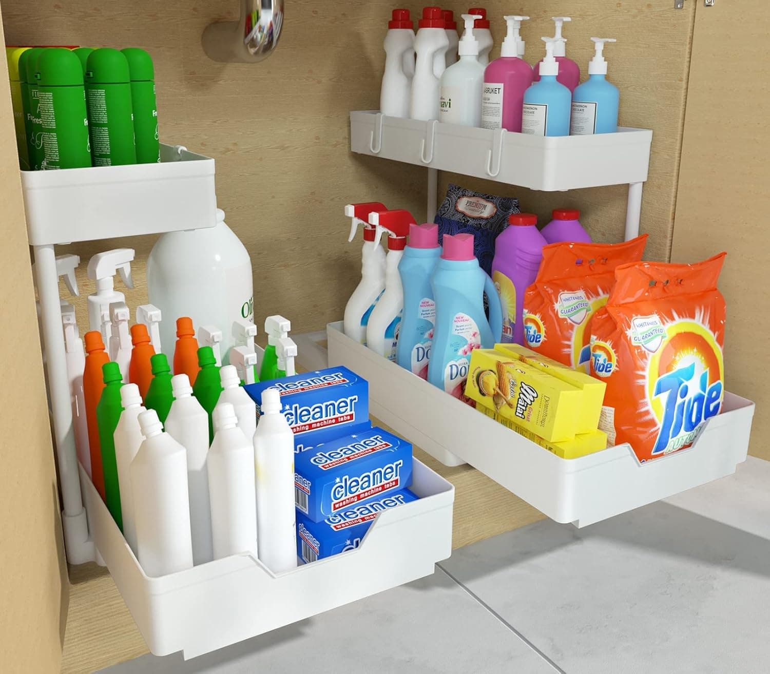 2-Tier Under Sink Organizers and Storage 2 Pack Sliding L-shape Under Bathroom Kitchen Cabinet Organizers Narrow Space Storage Multi-purpose Sink Organizer for Bathroom Kitchen Drawer(White 2 Pack)