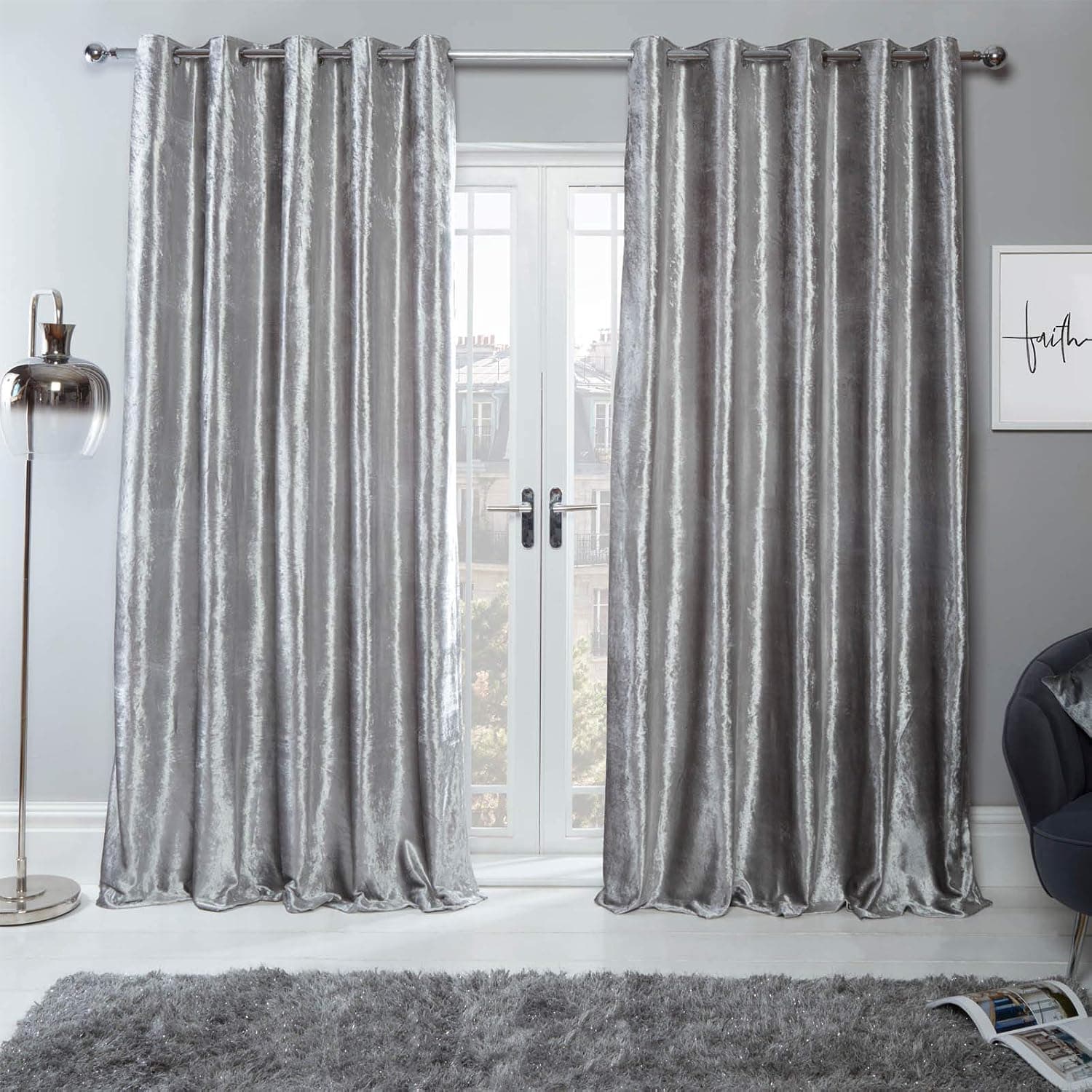 Sienna Crushed Velvet Curtains Eyelet Grommet Ring Top Pair of Fully Lined Window Panel Set for Dining Living Room - Silver Grey, Width 46" x 54" Length