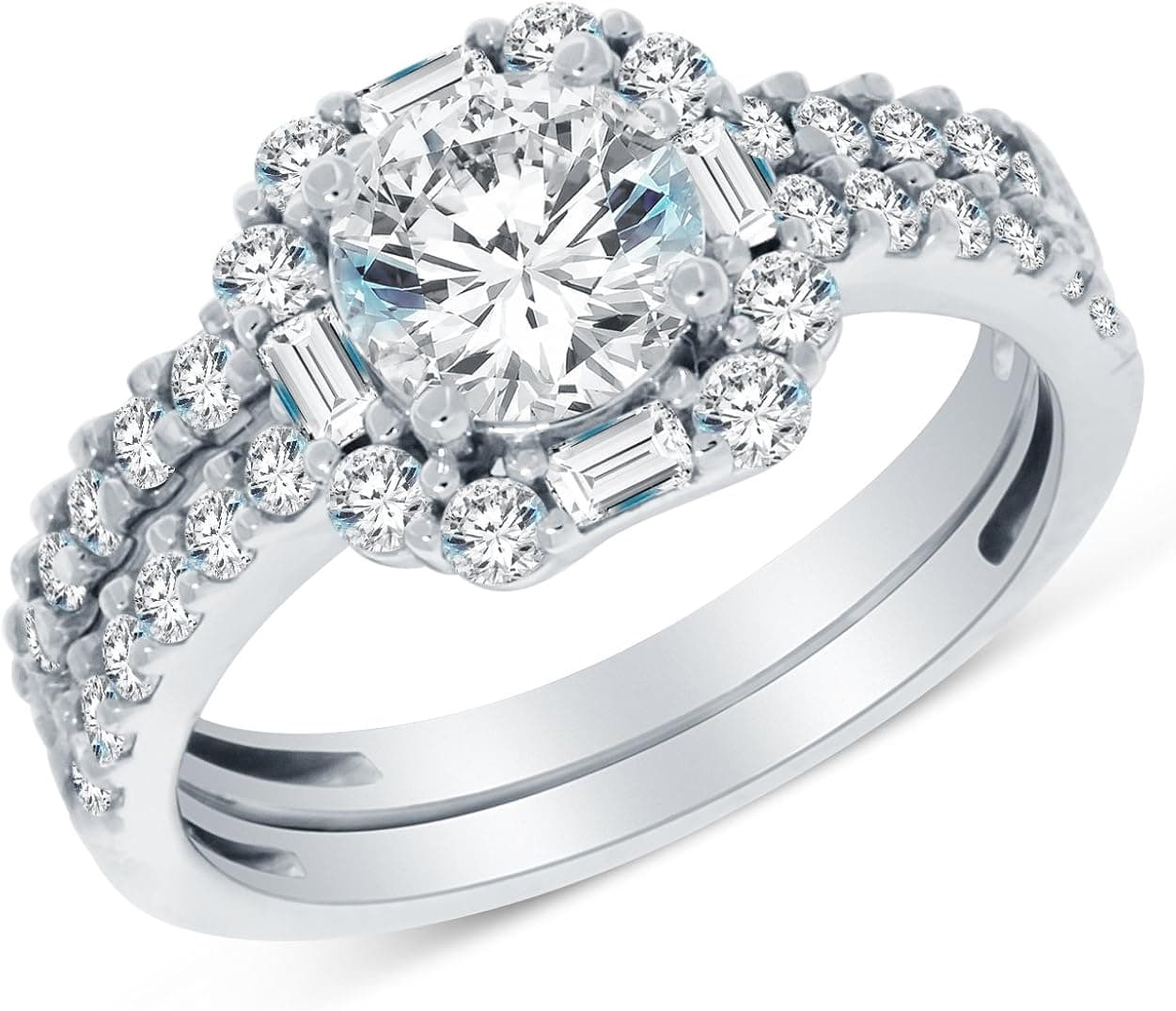 Solid 14k White Gold CZ Cubic Zirconia Halo Bridal Engagement Ring w/Matching Wedding Band Two Ring Set - Round Brilliant Cut Solitaire with Baguette Side Stones (2.75cttw, 1.0ct. Center)