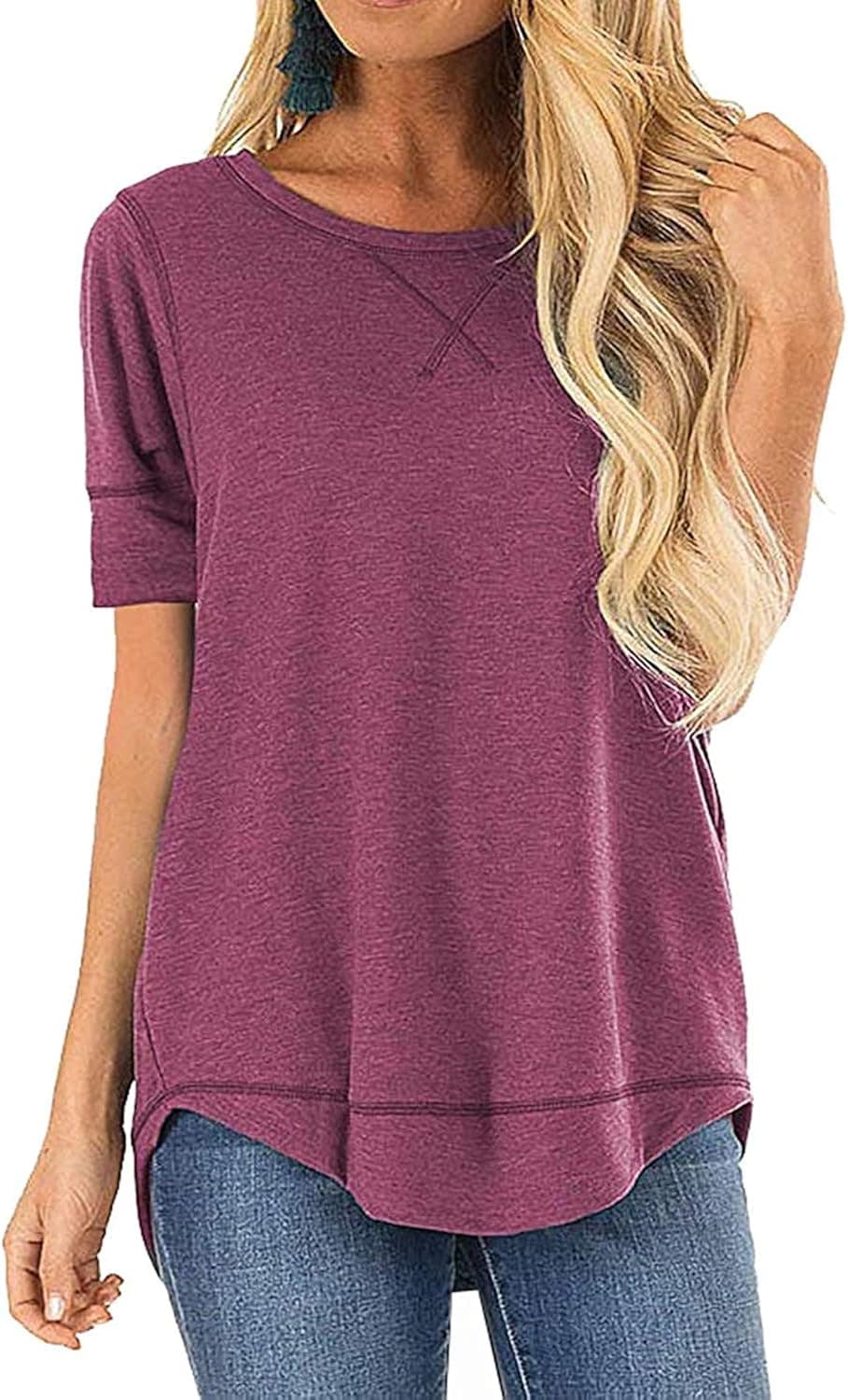 Women's Casual Short Sleeve Tunic Tops Solid Summer Loose V-Notch T-Shirts (M, Red)
