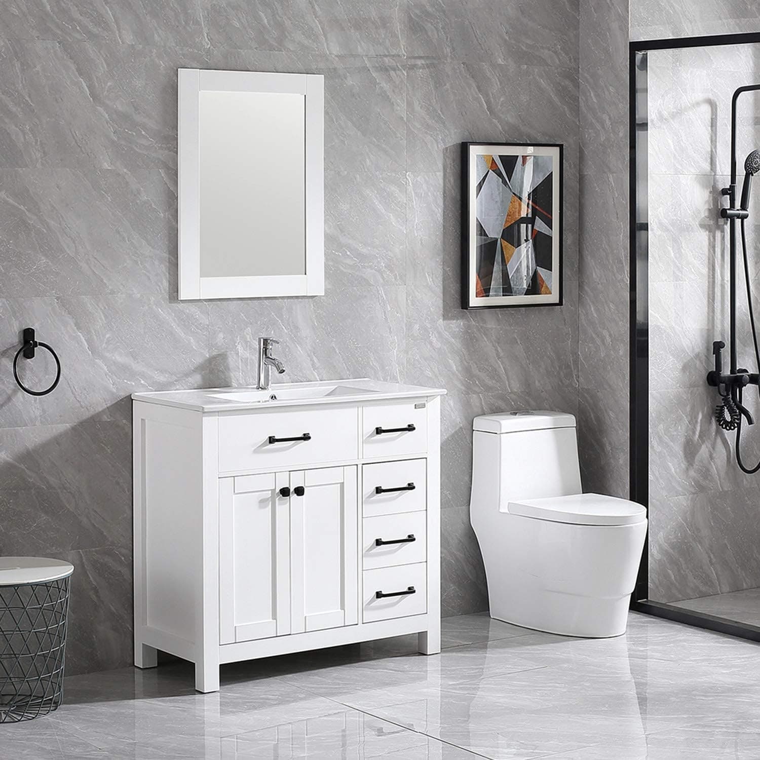 walnest 36 inch Free Standing Bathroom Vanity Ceramic Vessel Sink Combo Cabinet countertop with 2 Doors undermount Resin Sink and Chrome Faucet Combo with Mirror (White)