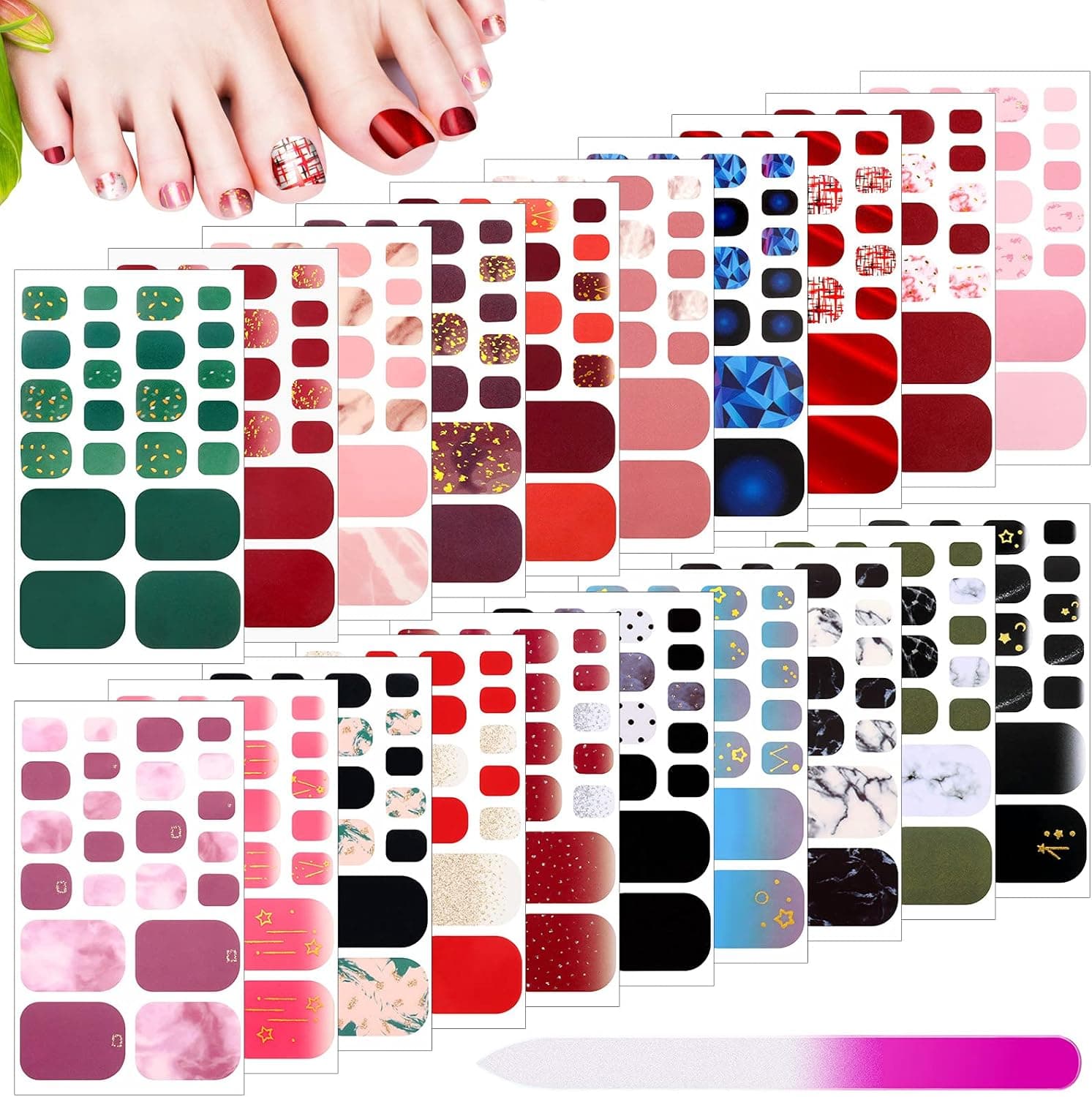 440 Pieces 20 Sheets Full Wraps Toenail Polish Stickers Marble Design Toenail Art Polish Stickers Strips Colorful Self-Adhesive Toenail Art Sticker with Nail File for Women Girls Toenail Decoration