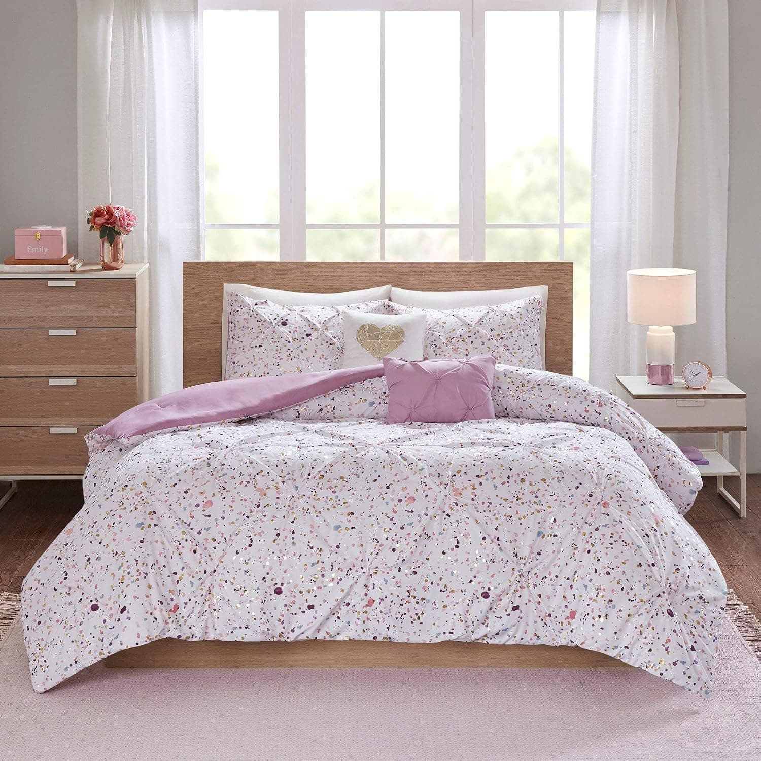 4 Piece Pinch Pleat Comforter Set Twin XL Ruch Bedding Girls Metallic Purple Gold Dots Motif Pattern Pin Tuck Textured Ruched Pinned Tucked Themed, Polyester