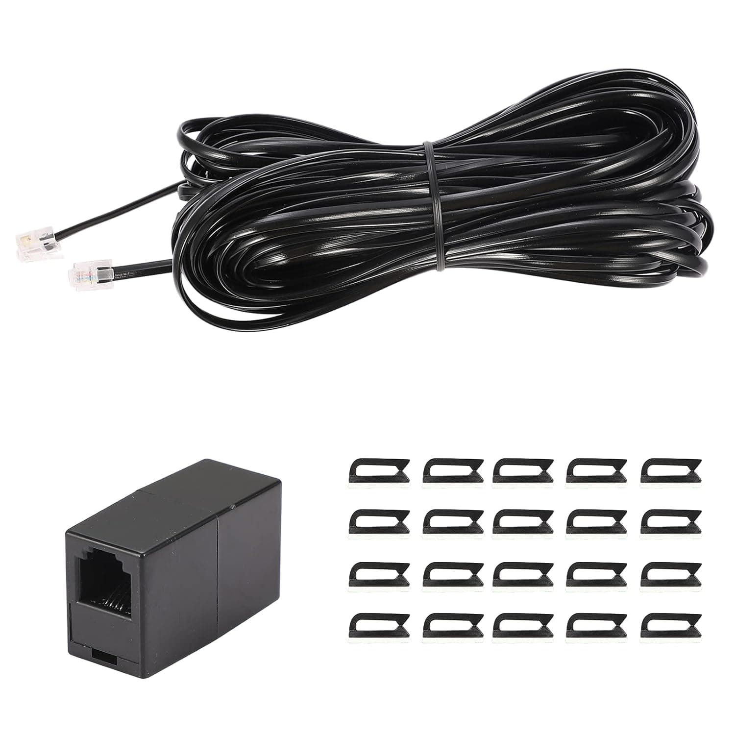 50Feet Long Telephone Extension Cord Phone Cable Line Wire, with Standard RJ11 Plug and 1 in-Line Couplers and 20 Cable Clip Holders-Black (50 Feet)