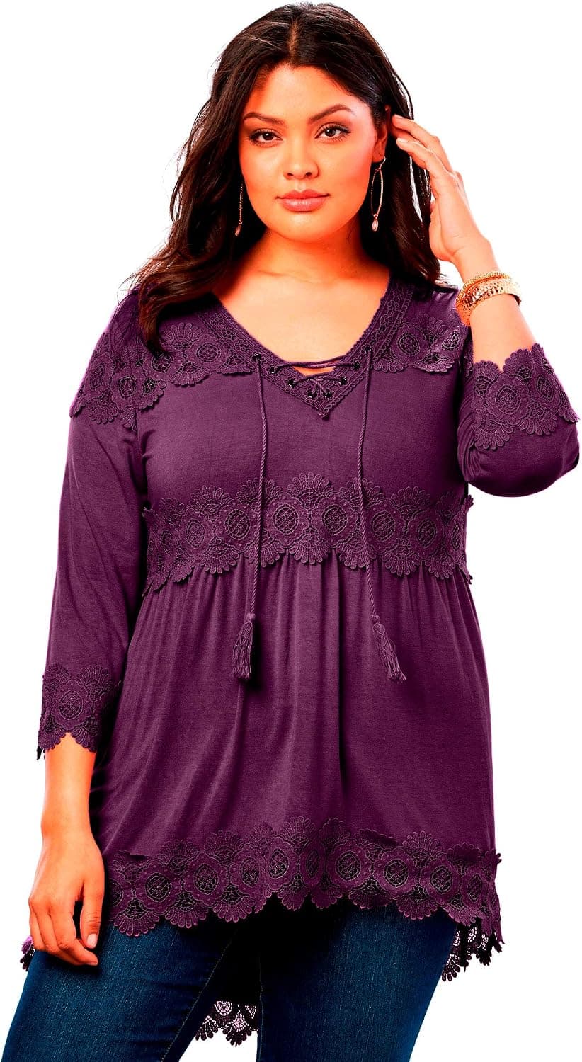 Roamans Women's Plus Size Lace V-Neck Top - 18/20, Medium Wash Blue