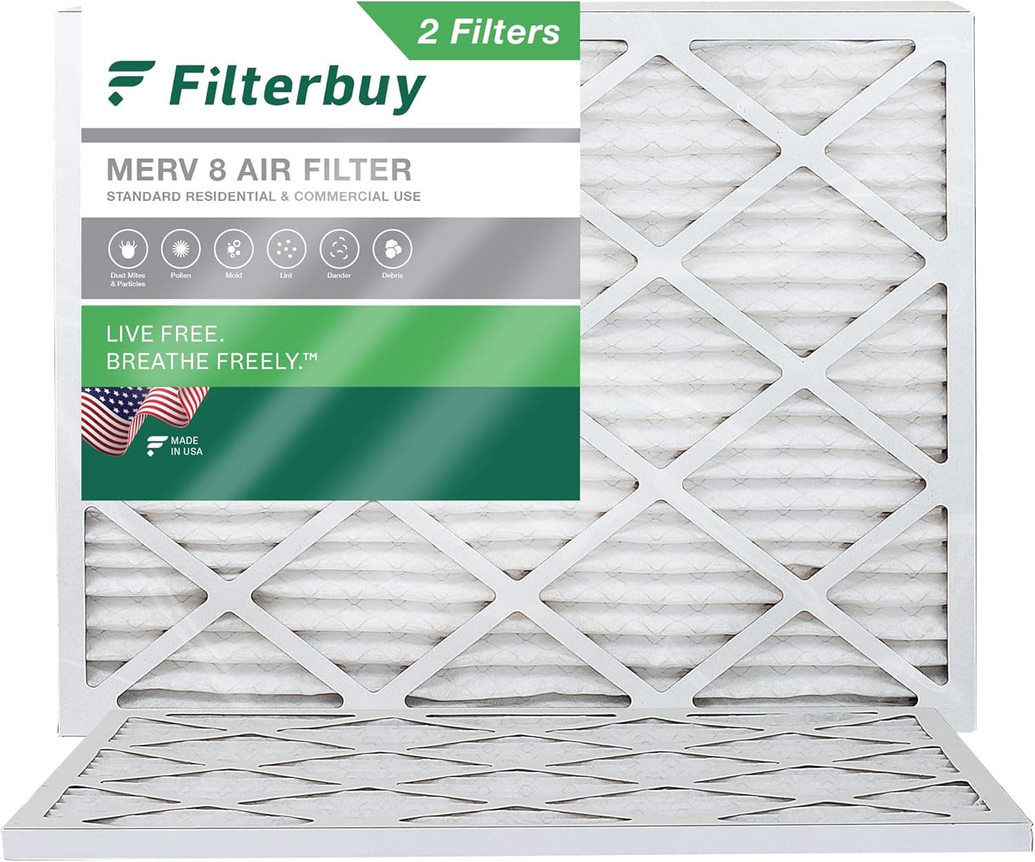 Filterbuy 14x16x1 Air Filter MERV 8 Dust Defense (2-Pack), Pleated HVAC AC Furnace Air Filters Replacement (Actual Size: 13.88 x 15.88 x 0.75 Inches)