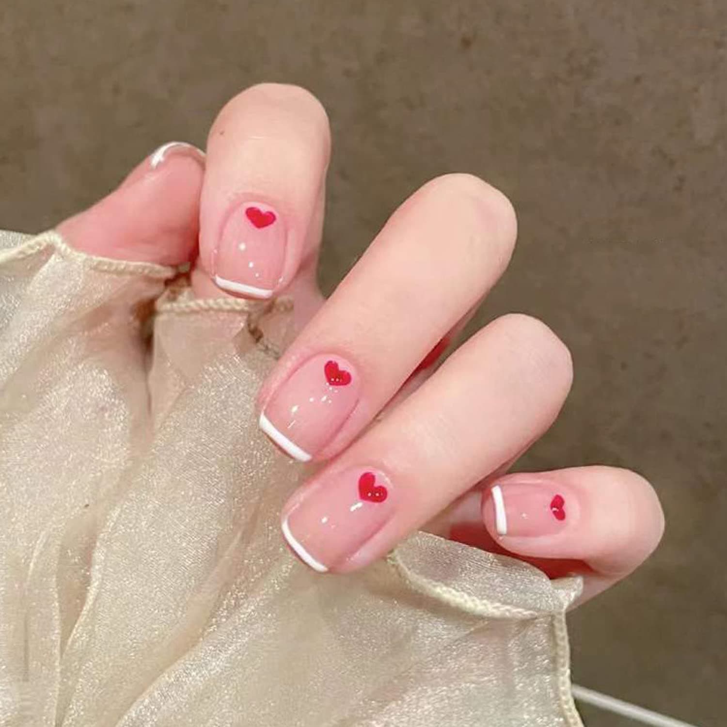 Heart Press on Nails Valentine's Day Short Fake Nails Glossy White French Tips False Nails Design with Red Hearts, Cute Reusable Full Cover Glue o Nails for Women&Girls, 24Pcs