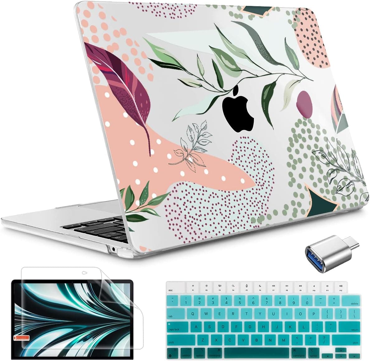 May Chen Compatible with Newest MacBook Air 13.6 inch Case 2022 Release Model A2681 M2 Chip,Plastic Hard Shell Case Keyboard Cover and USB 3.0 Adapter for Air 13.6" M2 with Touch ID, Abstract Leaves