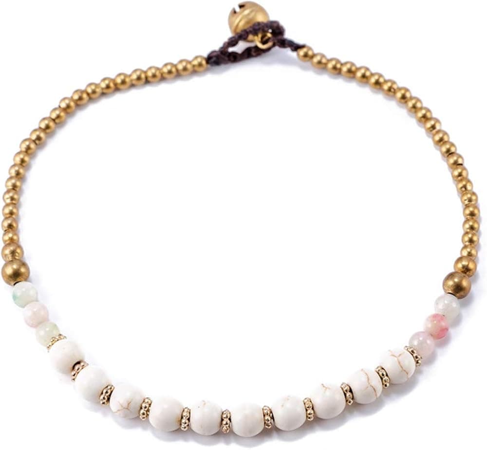 TOMLEE Beaded Rope Anklet Boho Handmade Wax Rope Braided Ankle Bracelet, Nepal Stone Charm Anklets (White Beads)
