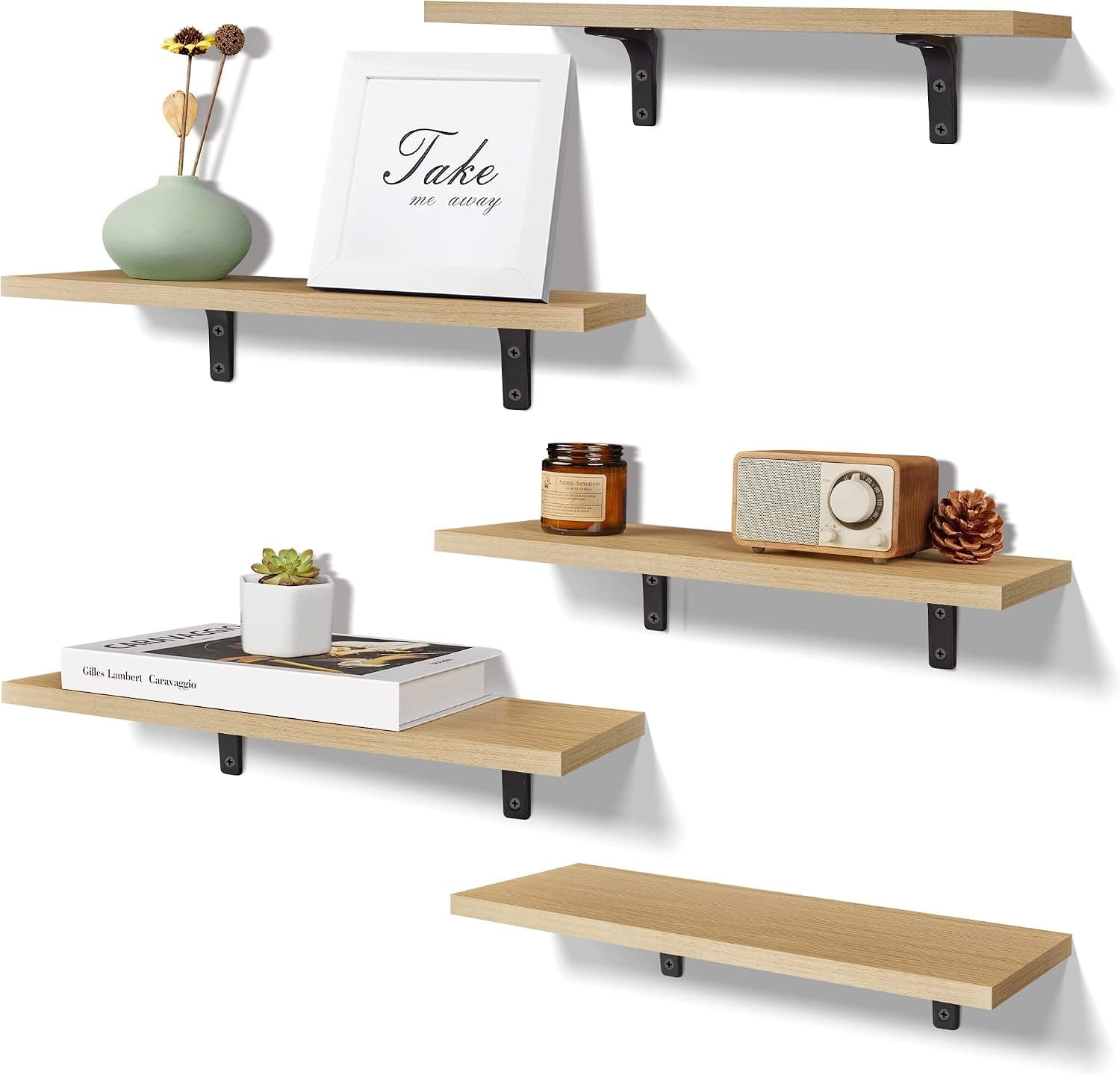 upsimples Floating Shelves for Wall Décor Storage, Wall Mounted Shelves Set of 5, Sturdy Wood Floating Shelves with Metal Brackets for Bedroom, Living Room, Bathroom, Over Toilet, Kitchen, Light Brown