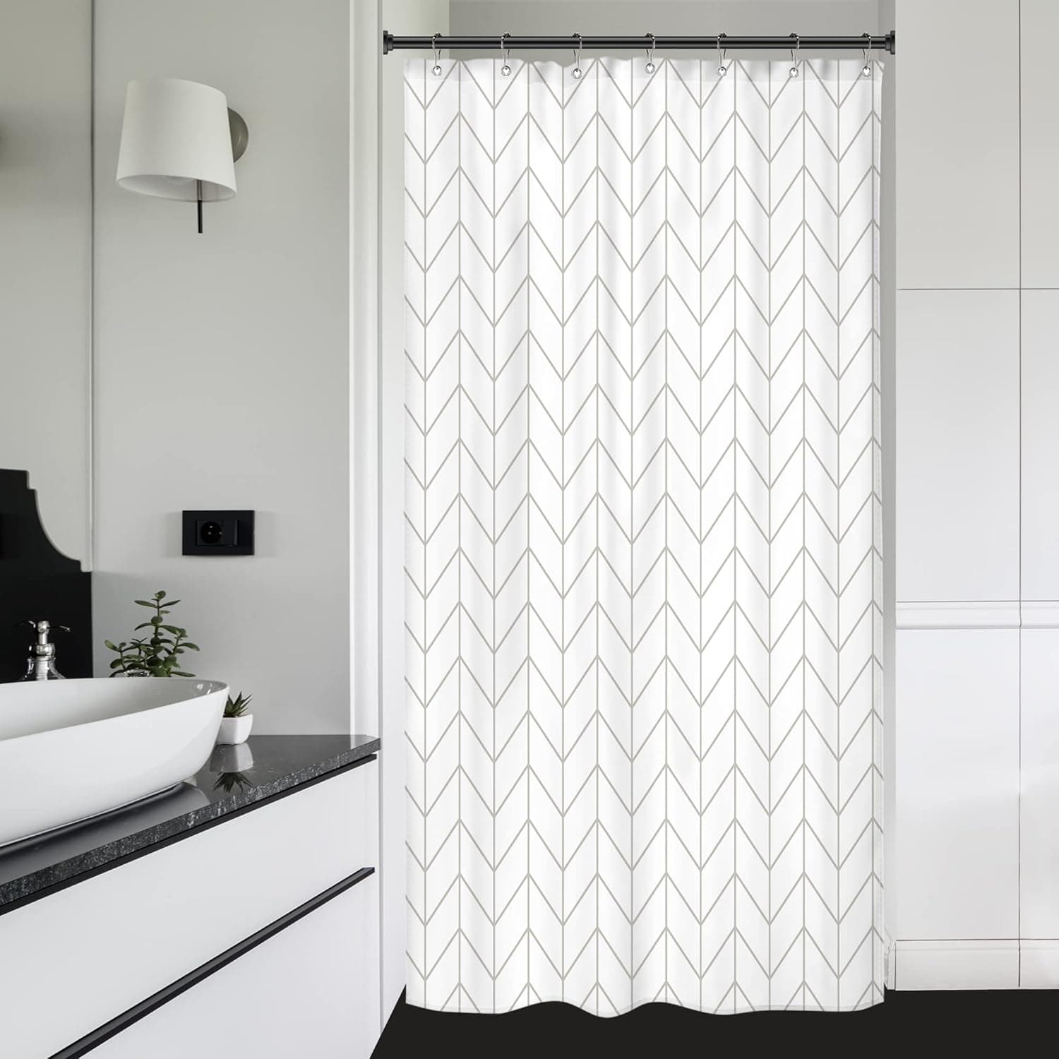 Riyidecor Stall Small Shower Curtain Half Size 39x72 Inch White Beige Single Narrow Tiny Geometric Chevron Striped Herringbone 7 Pack Hooks Dorm Decor Fabric Bathroom Set Polyester Waterproof