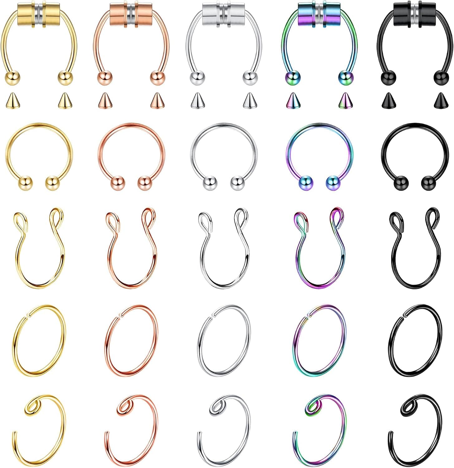 UBGICIG 25PCS Fake Nose Ring Hoop Septum Nose Ring Horseshoe Stainless Steel Fake Septum Fake Nose Ring Faux Lip Ear Septum Ring Non-Pierced Body Jewelry…