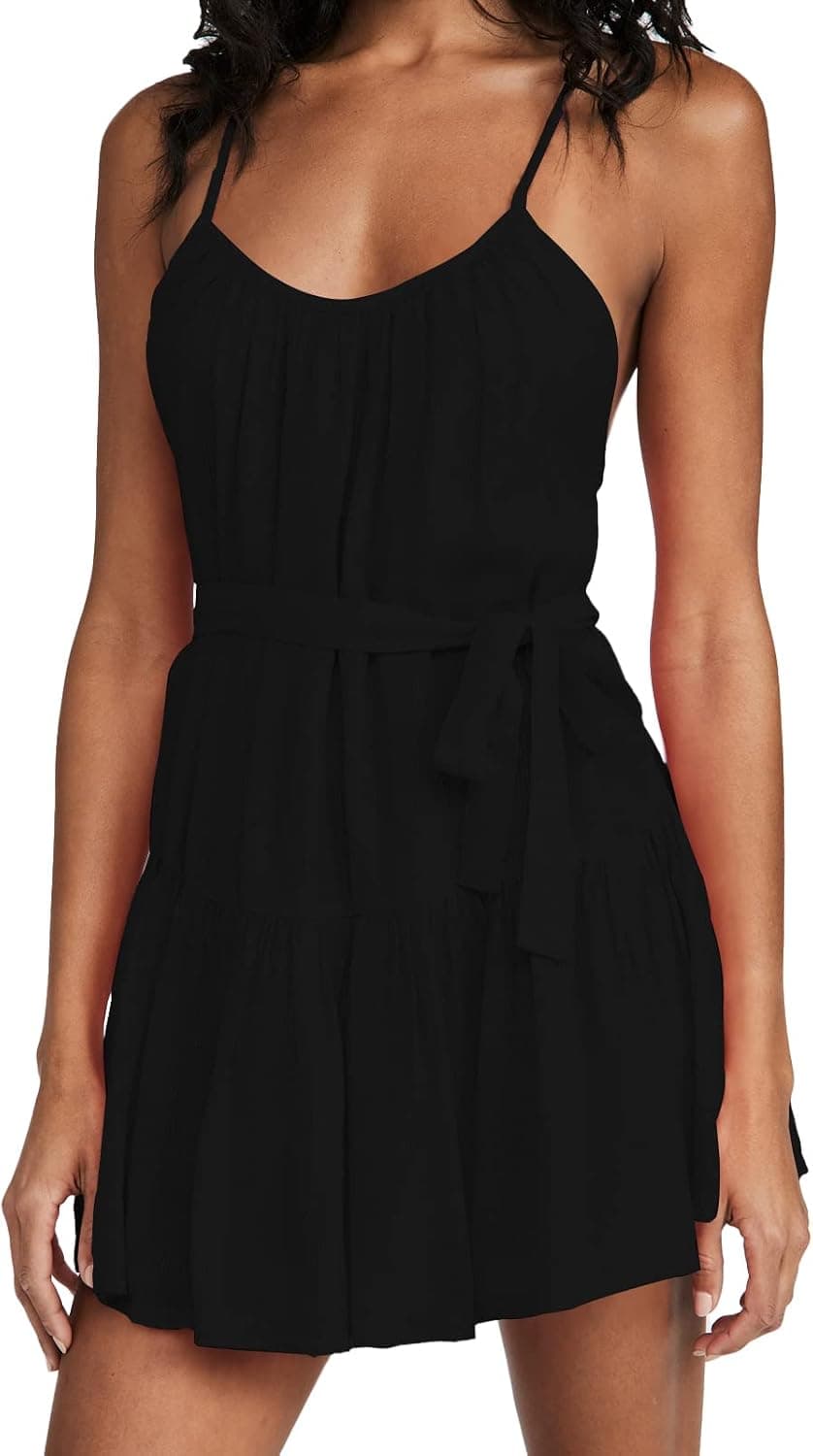 ANDMO Women's Spaghetti Straps Short Summer Dress Backless Crew Neck Wasit Tie Casual Mini Ruched Sleeveless Dressy