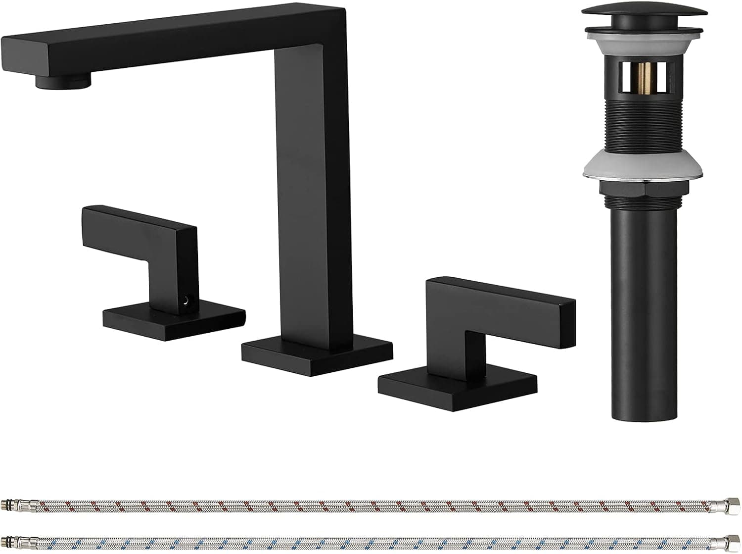 Homevacious Matte Black Bathroom Faucet 2-Hnadle 8 Inch Widespread Bathroom Sink Faucet 3 Hole Modern Vanity Sink Faucet with Pop Up Drain Assembly and Supply Hose 3 Pieces Basin Faucets Mixer Tap