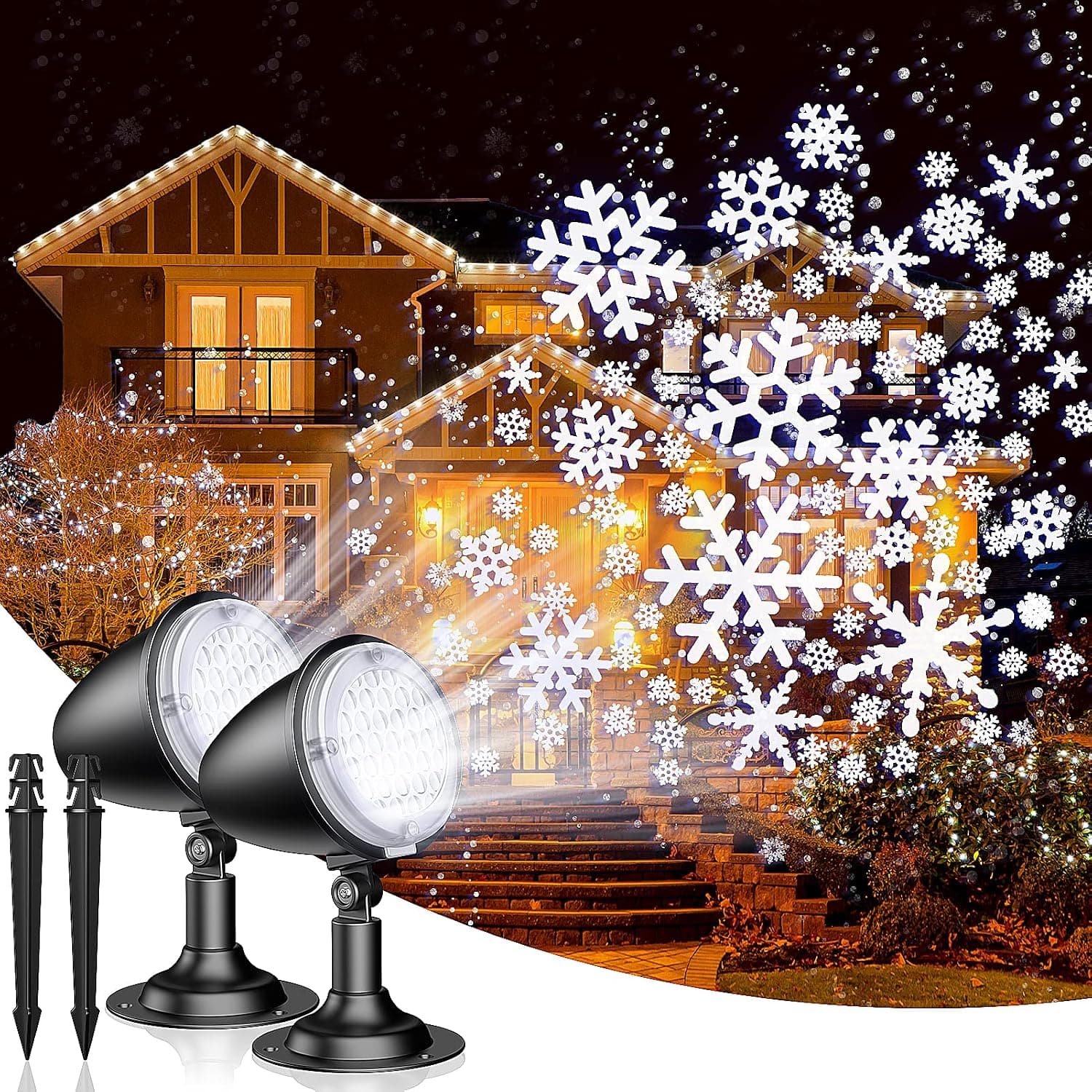 Christmas Projector Lights Outdoor & Indoor, 【2 Packs】 Snowflake Projector Lights, IP65 Waterproof LED White Snowfall Christmas Lights, Perfect for Xmas Party Wedding Garden Patio Decoration