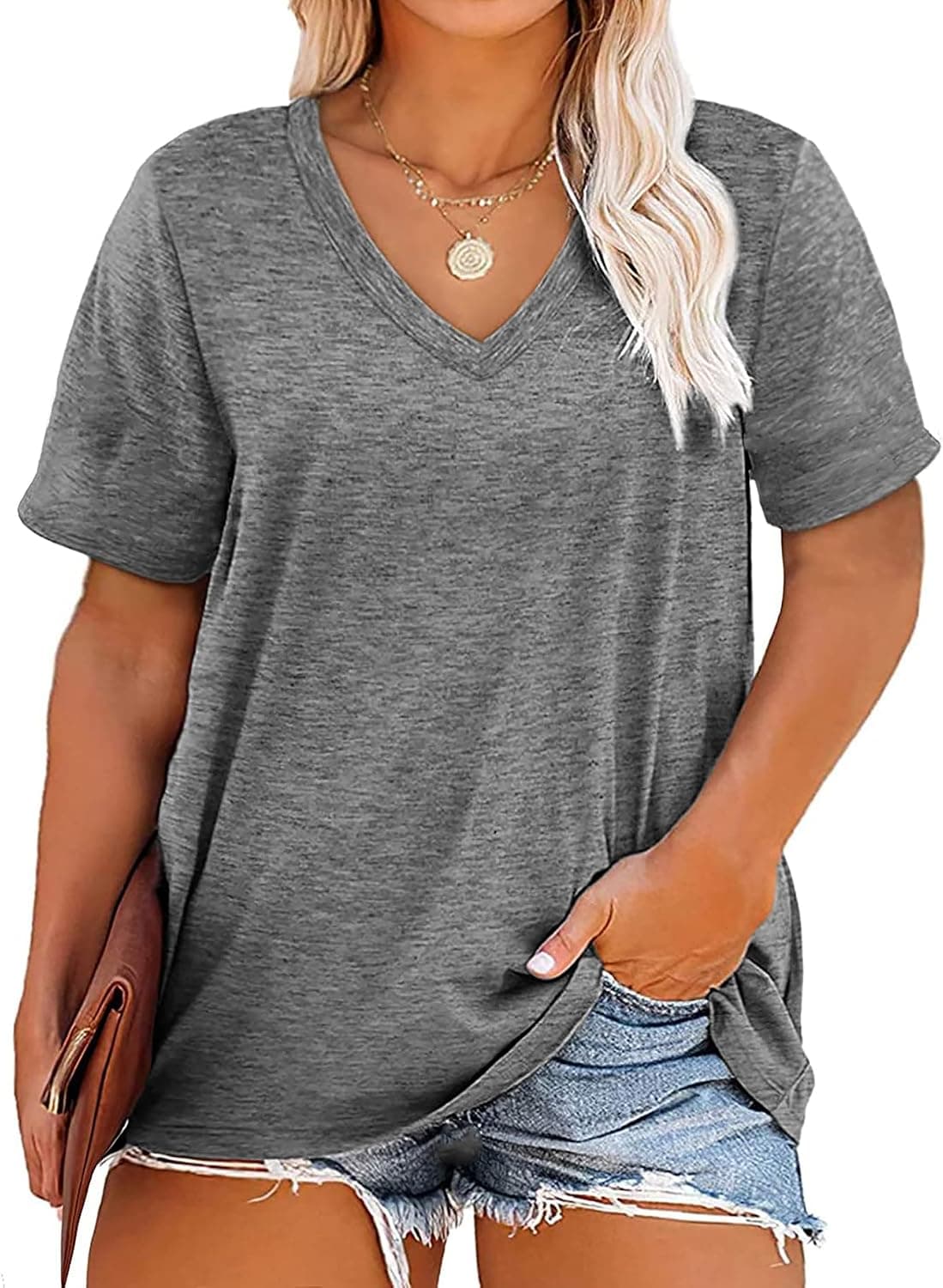 Plus Size V Neck T Shirts Women Tops Short Sleeve Casual Summer Loose Fit Tee Tshirts