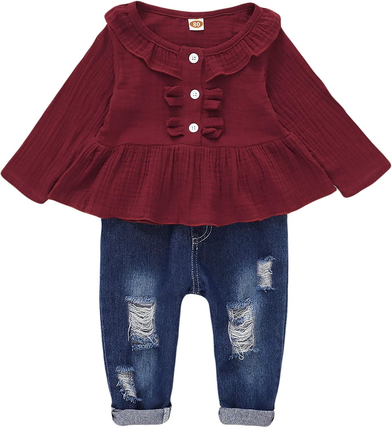 Saeaby Baby Girl Clothes Toddler Girl Denim Outfits Ruffle Shirt Ripped Jeans Pants Set Toddler Baby Clothes for Girl