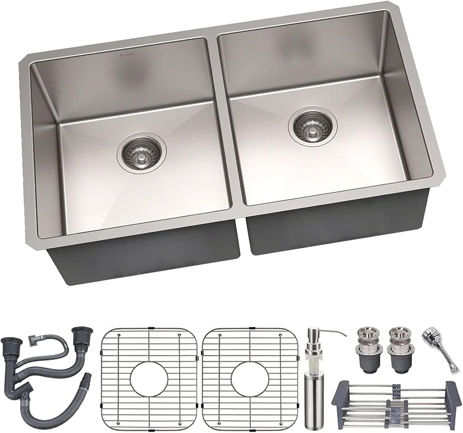 UnderMount Kitchen Bar Sink, L32.75" x W 19" x D9" Stainlee Steel Drop In Double Bowl Kitchen Sink with Bottom Grid，Faucet Sprayer, Drain Strainer Set for Modern Kitchen Sink