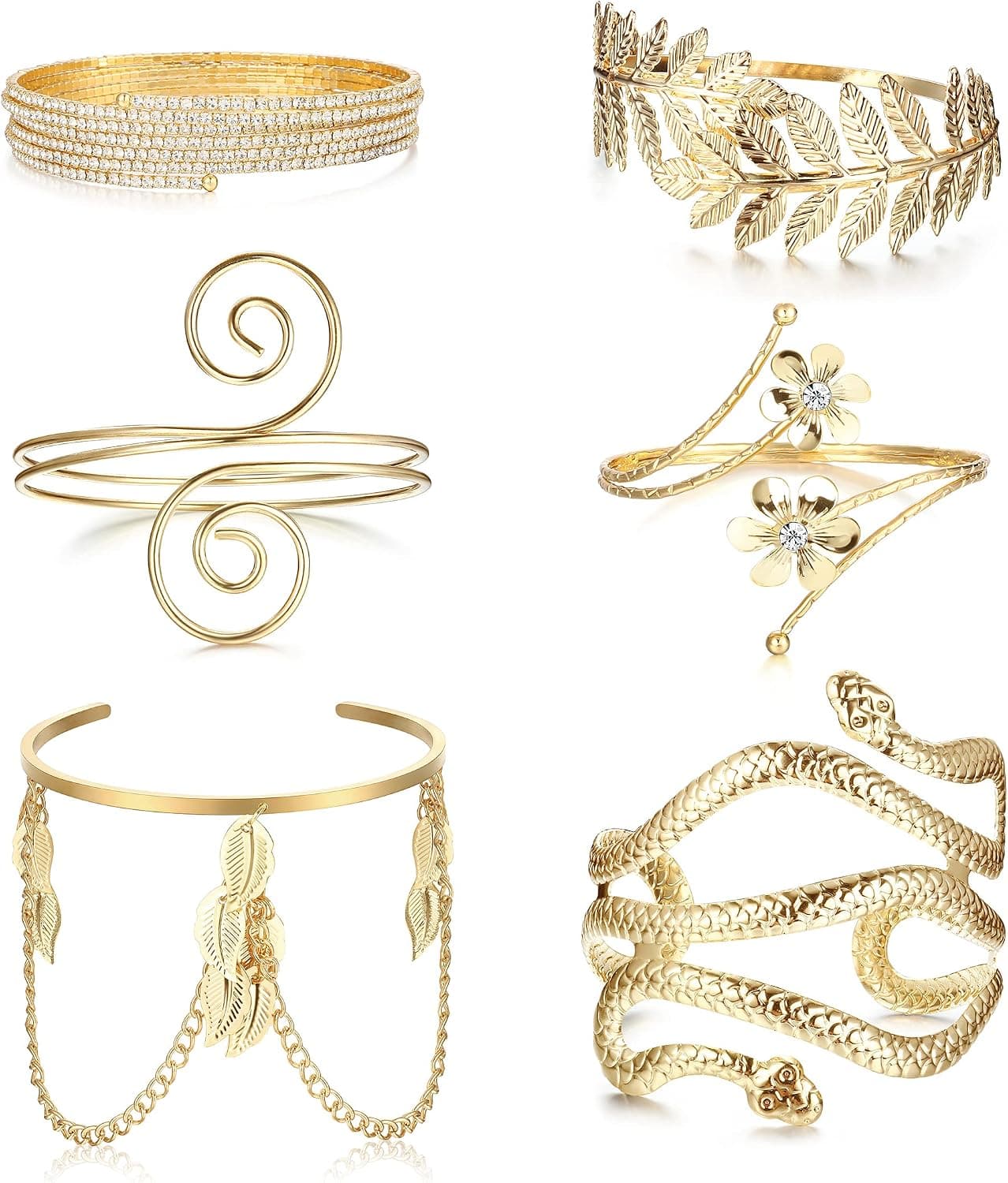 Jstyle 6Pcs Coil Upper Arm Cuff Open Arm Band Bracelet for Women Greek Goddess Filigree Swirl Boho Armlet Bangle Costume Jewelry Adjustable