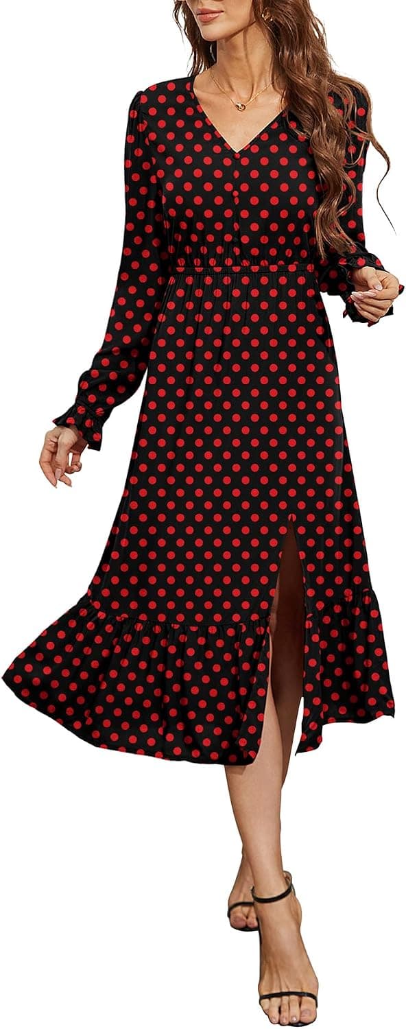 LILBETTER Women's Casual Long Sleeve Midi Fall Dress V Neck Ruffled Vintage Floral Print Flowy Long Dresses