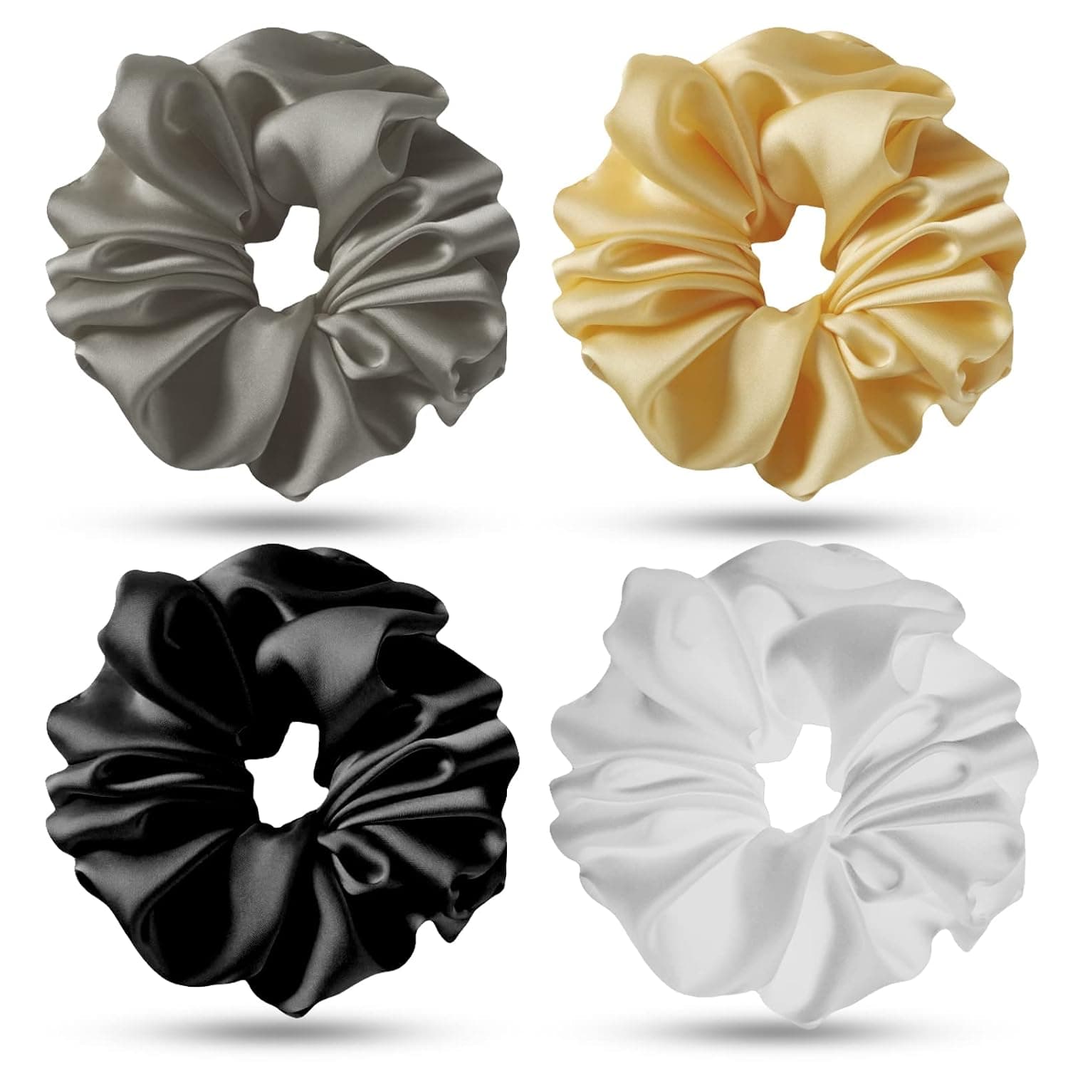 WZPB 4Pcs Silk Scrunchies for Hair, 100% Pure Mulberry Silk Hair Scrunchies for Curly Hair Sleeping, Elastic Silk Hair Care Ponytail Holder No Damage Hair Ties, Soft Scrunchies for Girls Women(Black, Champagne, Apricot, White)