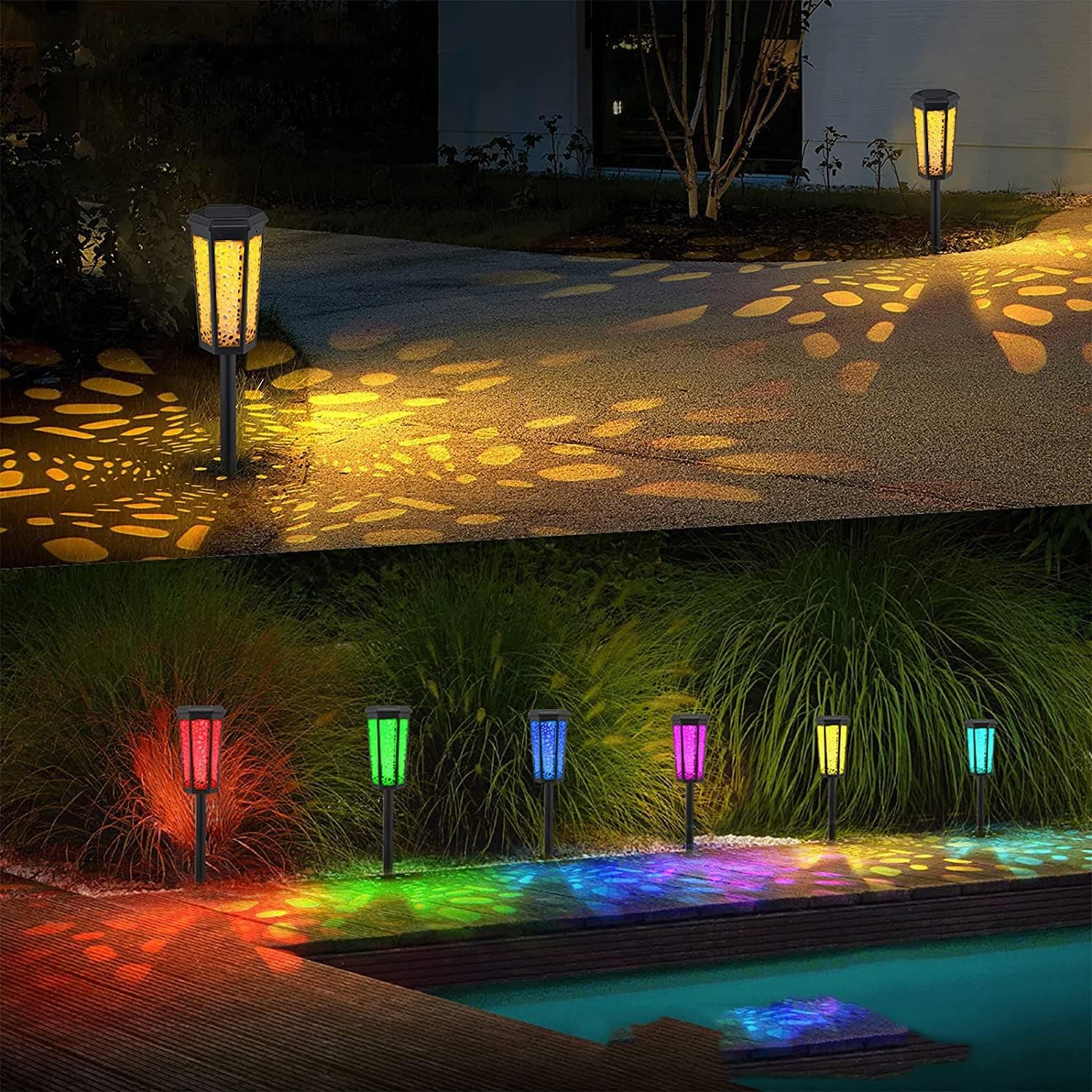 Solar Pathway Lights 2 Pack, [7-Color RGB & Amber] IP67 Waterproof Solar Garden Lights [Light Up 12H] Solar Powered Outdoor Lights Decorative Landscape Lights for Walkway Yard Lawn Patio Garden