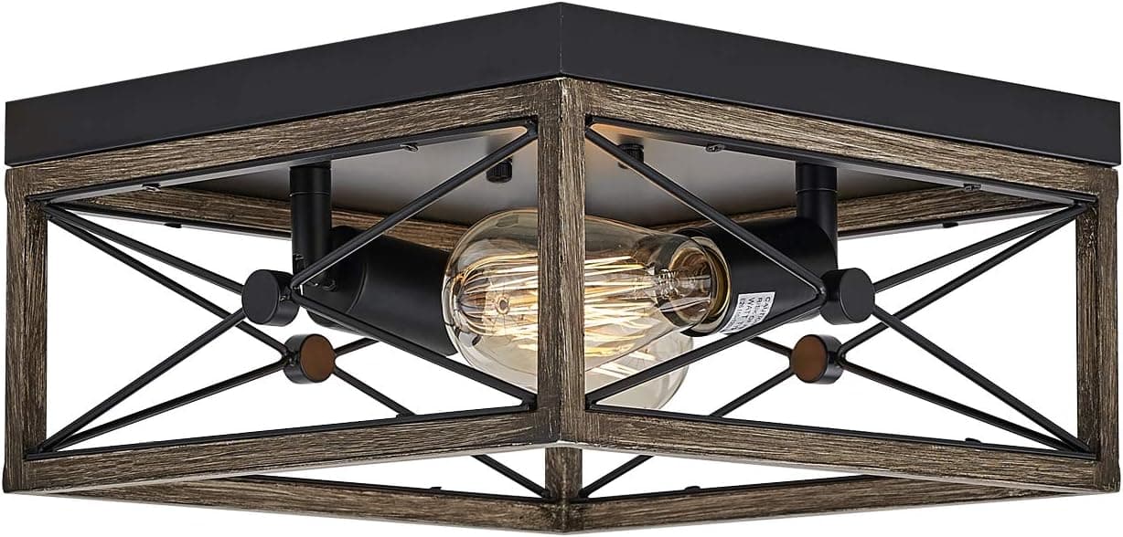 Fansose Industrial Ceiling Light Fixture Farmhouse Semi-Flush Mount Square Ceiling Lamp Two-Light Wood Grain,for Hallway Living Room Bedroom Kitchen Entryway.