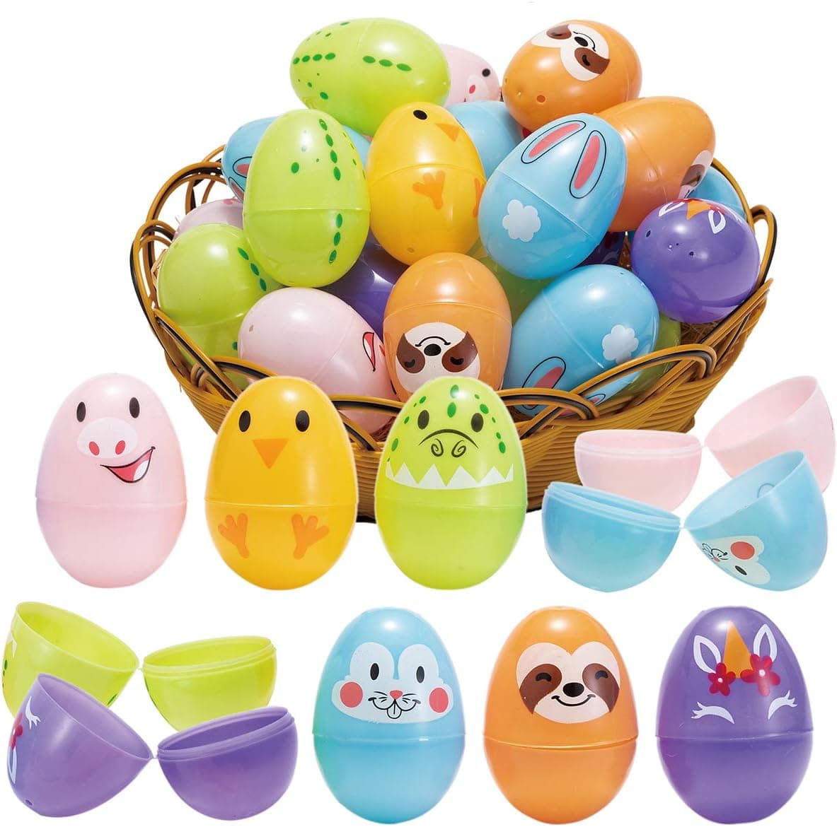 JOYIN 72 Pcs 2.5" Animal Decorated Easter Egg Shell for Easter Egg Hunt, Basket Stuffers Filler, Fillable Shells, Filling Treats, Classroom Prize Supplies, and Party Favor