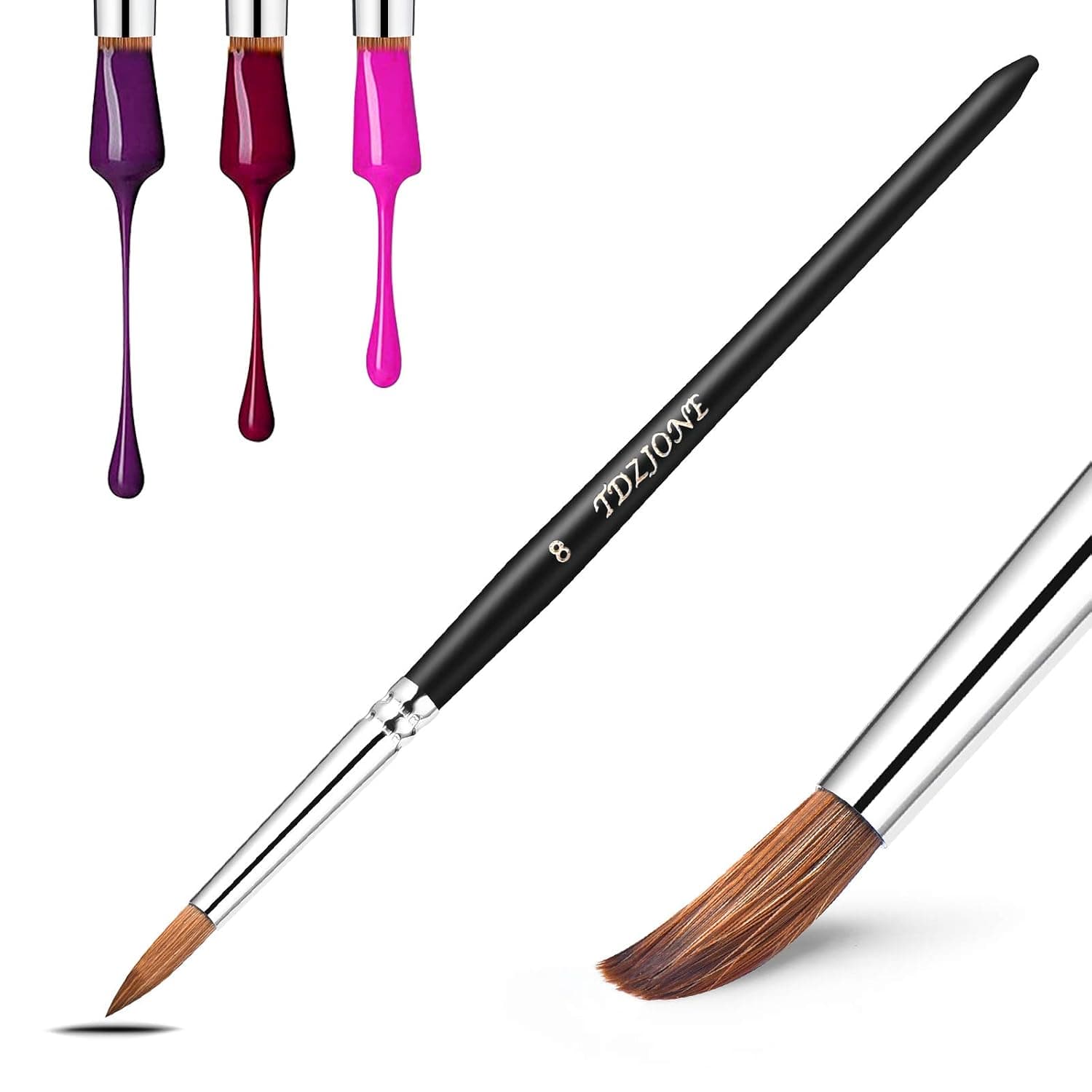 TDZJONE Acrylic Nail Brush Pure Kolinsky Hair,Silver Ferrule Round Shaped Sturdy with Wood Handle Nail Art Brush Professional Manicure Pedicure for Carving Liquid Powder DIY Nail (Size 8)