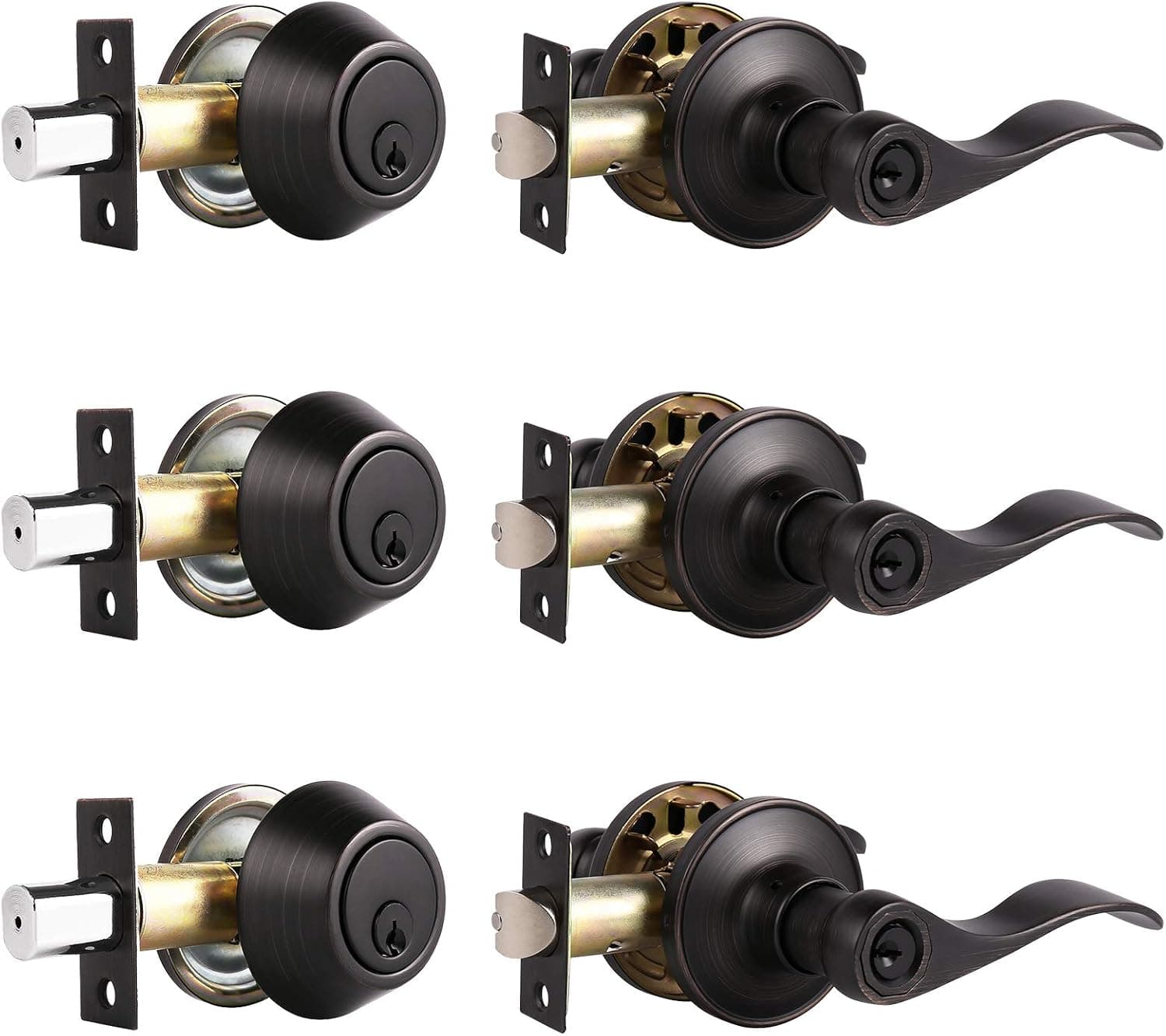 3 Sets-Front Door Entry Lever and Single Cylinder Deadbolts Combination Set, Keyed Alike Interior and Exterior Hardware, Oil Rubbed Bronze Door Handlesets, Combo Pack, Drop/Wave Shape Lockset Leverset