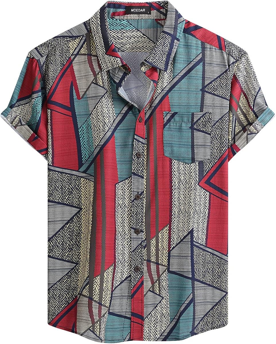 MCEDAR Mens Casual Short Sleeve Button Up Vintage Summer Hawaiian Beach Vacation Shirts (Size S-5XL Big and Tall)