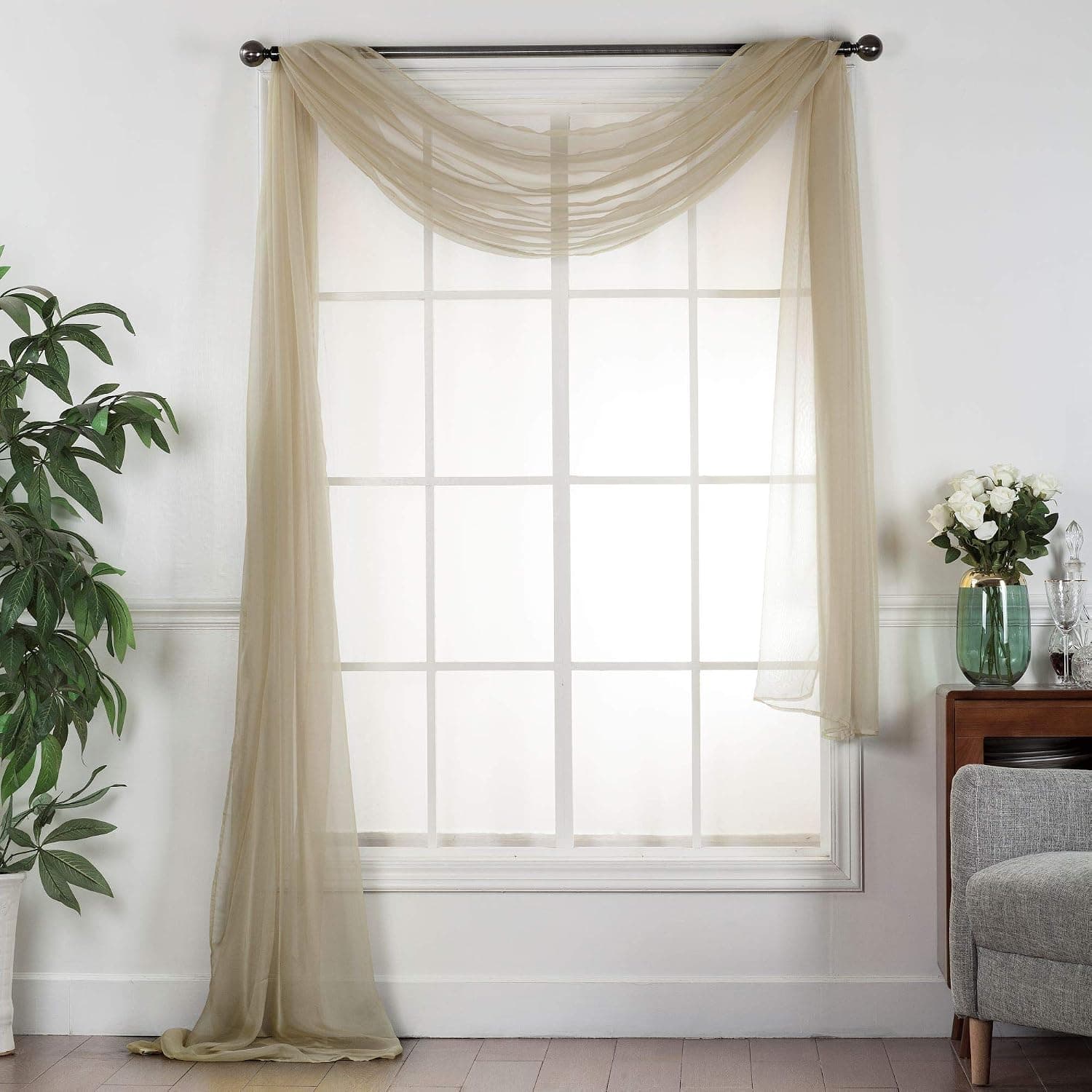 Decotex Sheer Voile Transparent Window or Event Decor Scarf Valance - Various Sizes & Colors (37" W x 216" L, Taupe)
