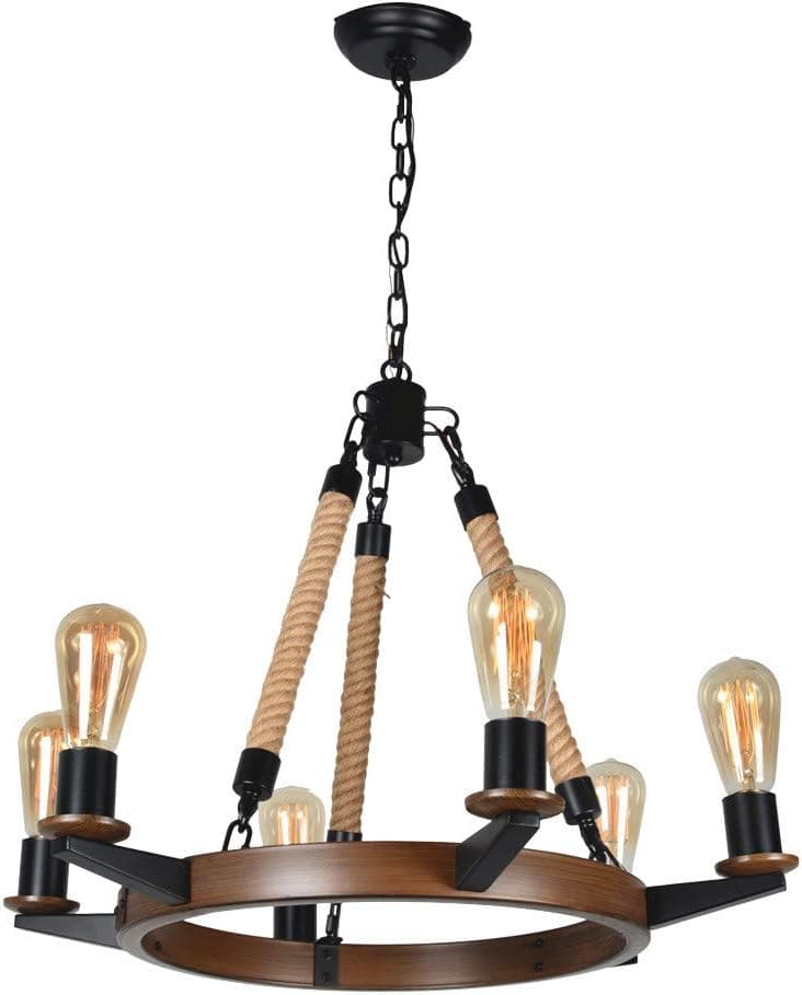 Baiwaiz Round Rustic Vintage Chandelier, Farmhous Dining Room Chandelier Lighting in Faux Painted Brown Finish Hemp Rope Country Pendant Light 6 Light Edison E26 085B