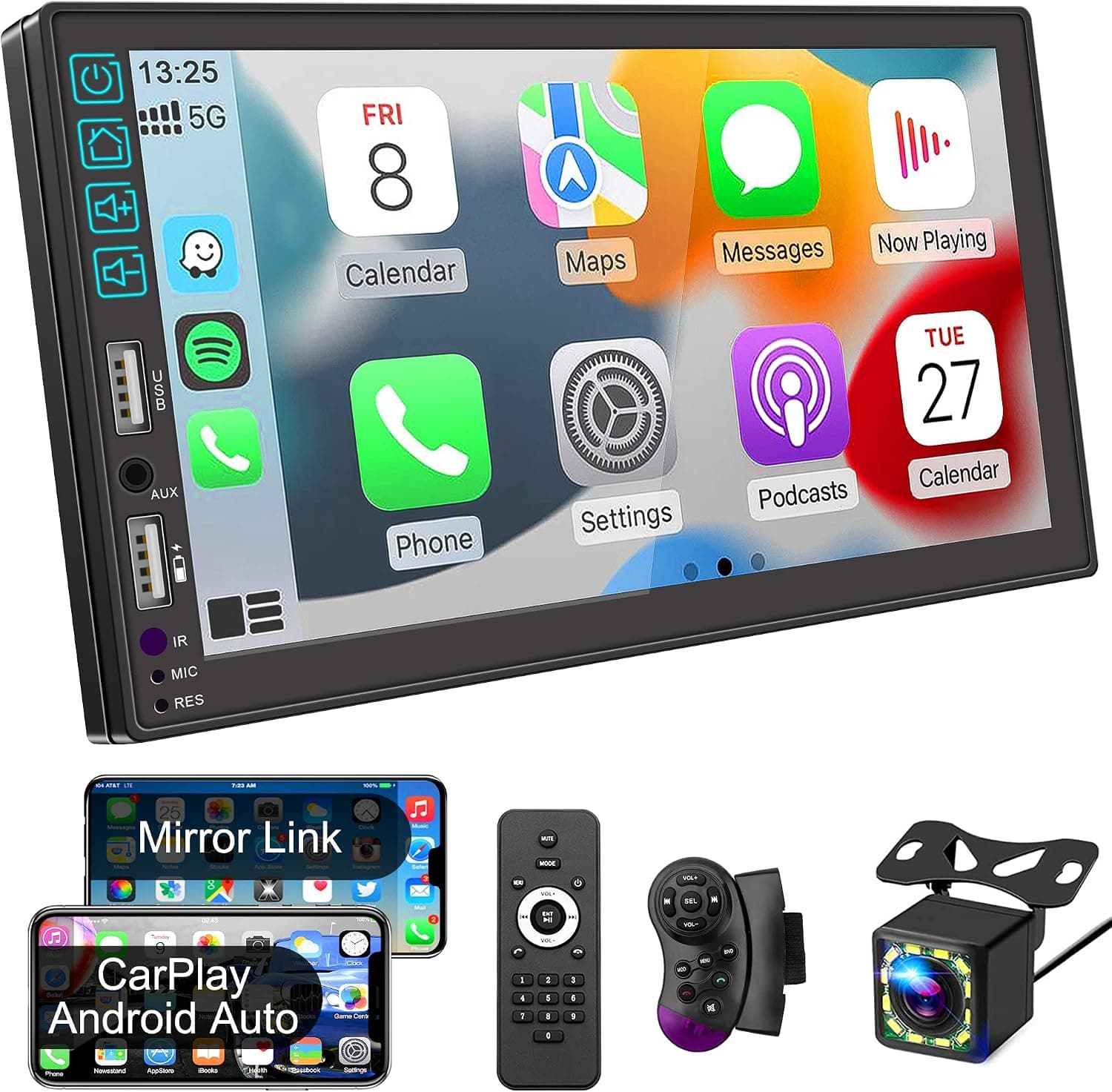 Double Din Car Stereo with Voice Control Apple Carplay&Android Auto,MP5 Player with 7 Inch Touch HD Capacitive Screen,Mirror Link,Sub,Backup Camera(Free),Bluetooth,AM FM Car Radio,2USB,AUX Port,SWC