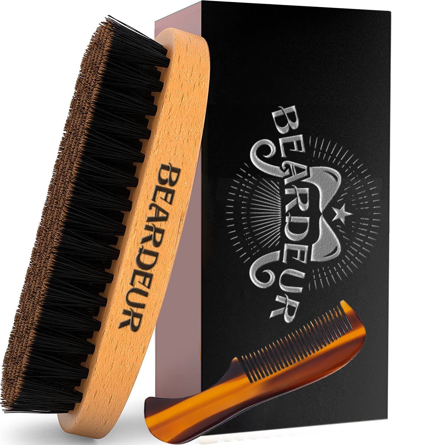 Beard Brush, Best Natural Wooden Hair Brush For Men, 100% Firm Black Wild Boar Bristle, Use with Balm & Beard Oil to Style & Groom, Premium Military Style Palm Brush for Beard Care, Barbers Tool