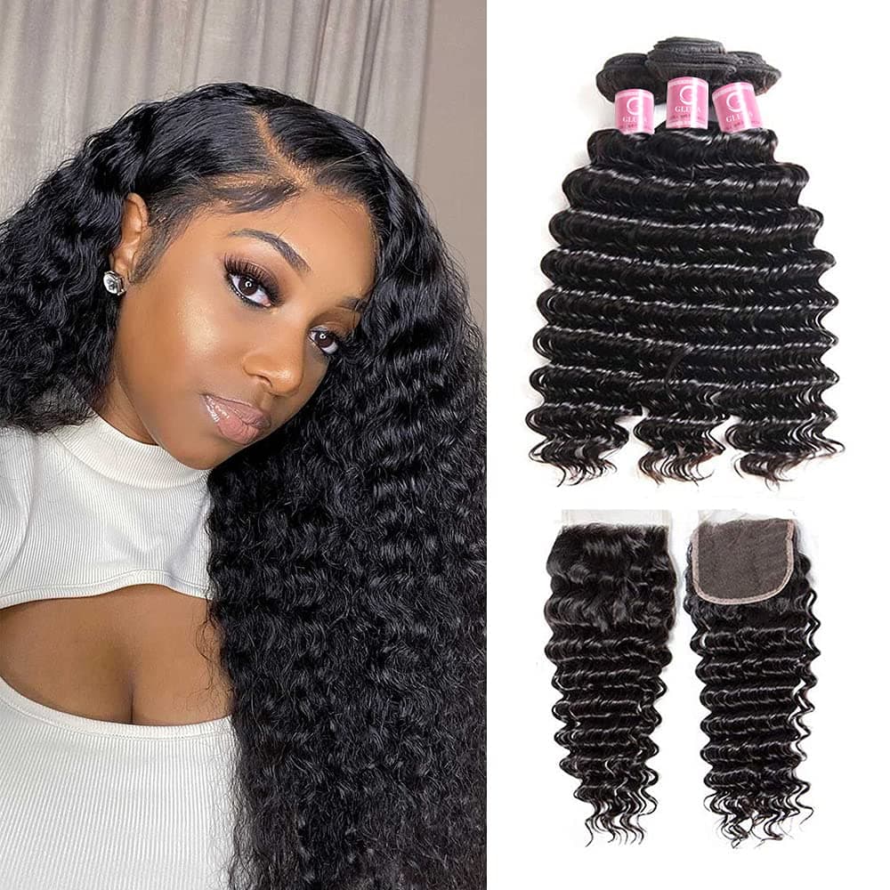Brazilian Human Hair Deep Wave Bundles With Closure 10A Unprocessed Virgin Human Hair Deep Wave Curly Hair Weave Bundles 3 Bundles With Closure Natural Color(16 18 20+14 Closure)