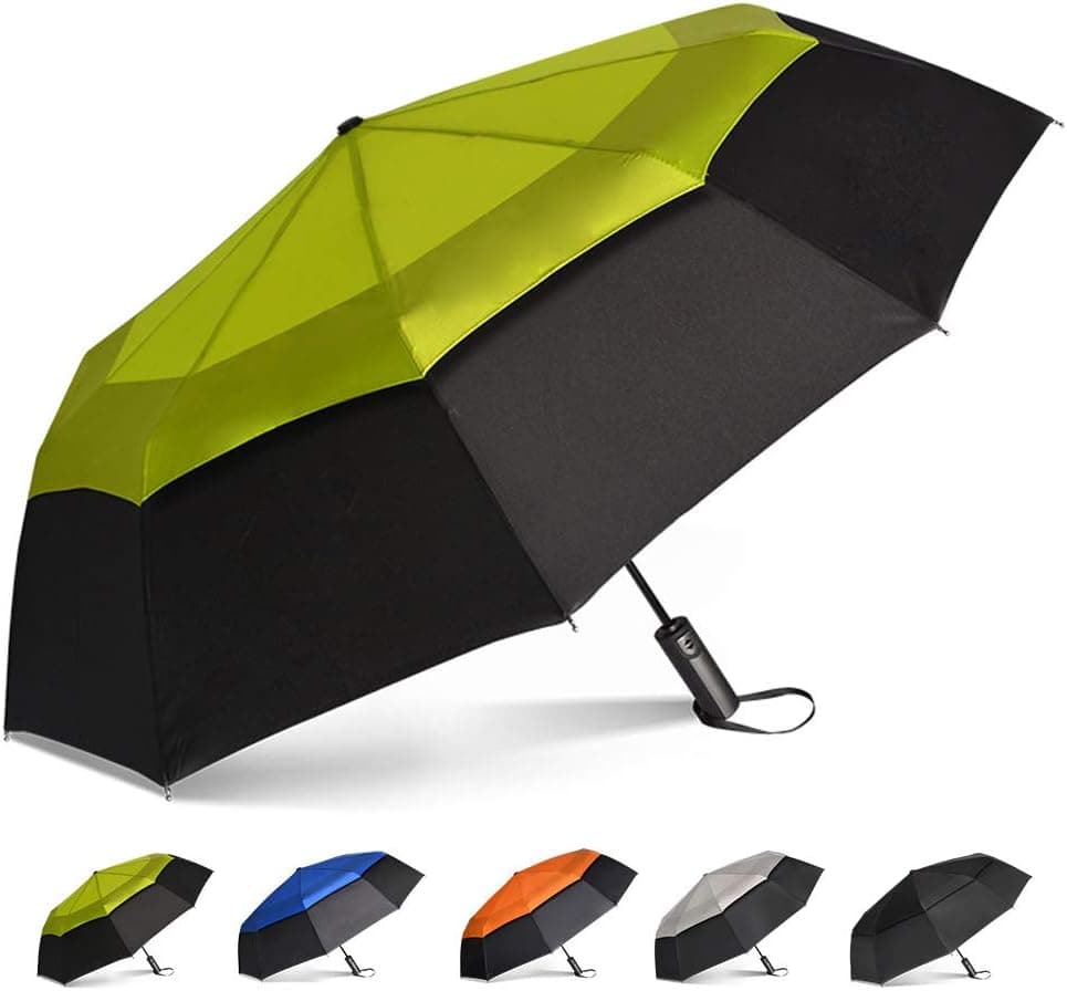 Brainstorming Automatic Windproof Umbrella Vented Sun&Rain Travel Umbrella with Double Canopy Collapsible Folding Umbrellas for Women Men, 47inch (Black &Light Green)