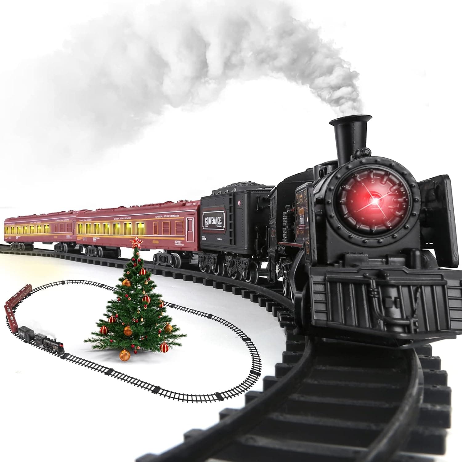 Train Set Toys for Boys - Metal Alloy Steam Locomotive w/Smoke, 2 Passenger Carriagers w/Lights & Sounds, 14pcs Tracks, Christmas Train Set for Kids 1-3+ Years Old