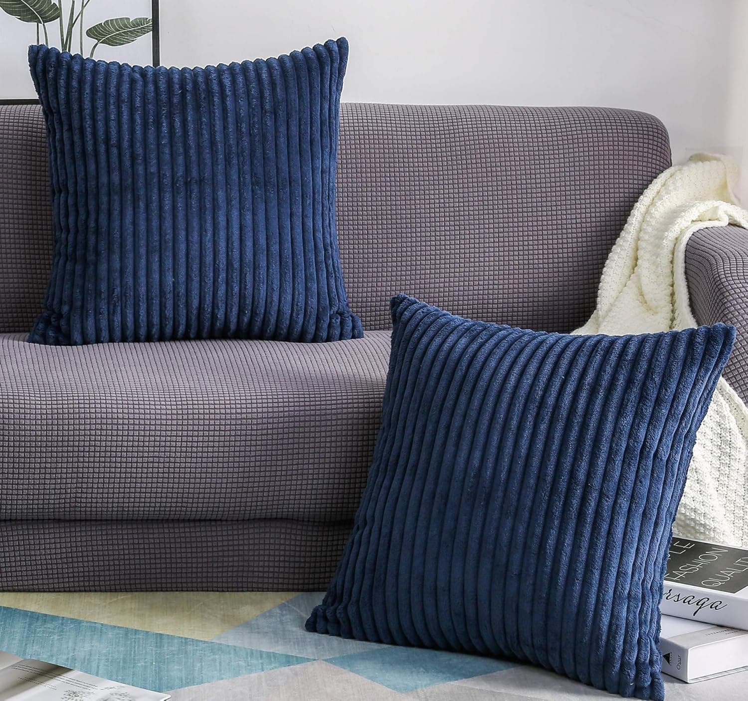 TangDepot, Set of 2 Soft Plush Velvet Big Striped Corduroy Solid Decorative Throw Pillow Covers, Square Pillow Covers - (18"x18" 2 Pieces, A10 Navy Blue)