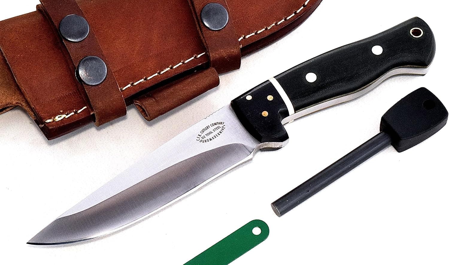 CFK Cutlery Company USA Custom Handmade D2 Tool Steel Micarta Big Game Hunter Skinning Knife Horizontal-Vertical Leather Sheath & Fire Starter Rod Set CFK65