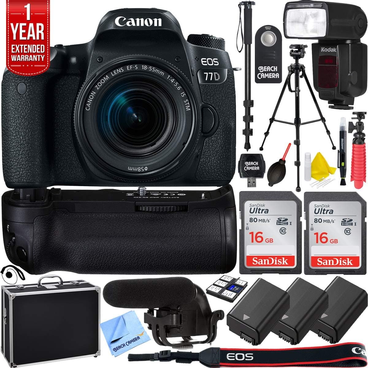 Canon EOS 77D 24.2 MP DSLR Camera with EF-S 18-55mm is STM Lens Bundle with 2X 16GB Memory Card, Microphone, 2X Battery and Charger, 1 YR CPS Enhanced Protection Pack and Accessories (15 Items)
